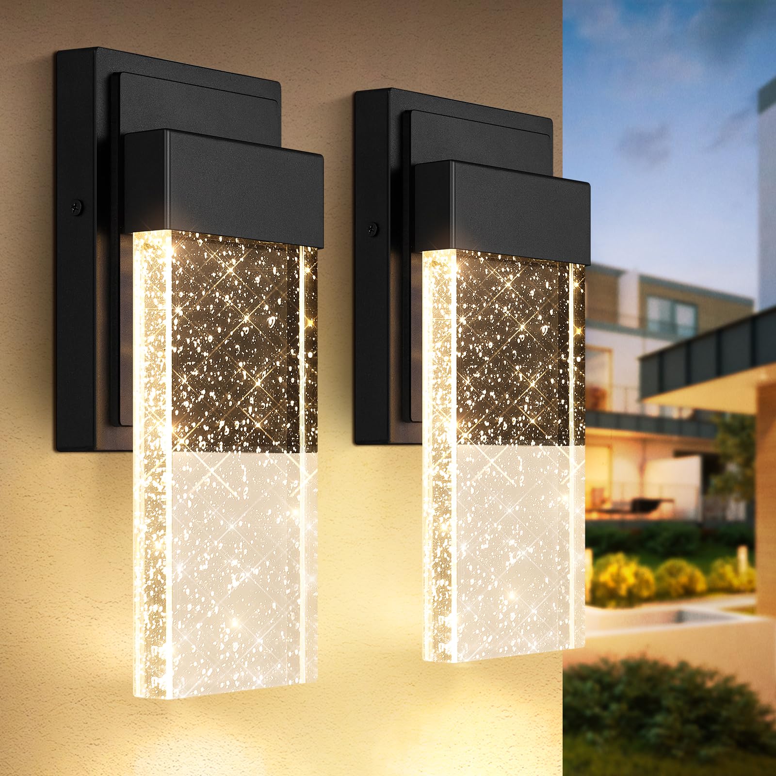 Outdoor Wall Light Fixtures with Crystal Bubble Glass, Waterproof Exterior Sconces LED Wall Lanterns, Porch Lights Wall Mounted 10W 3000K Outside Lights for House Front Door Garage Entryway