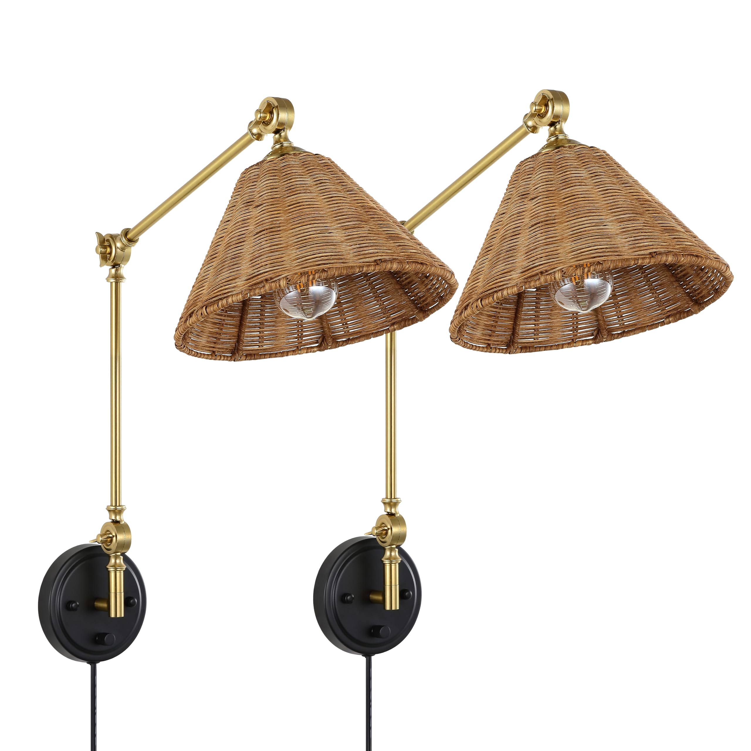 Wall Sconce Rattan Wrapped Wall Lamp, Adjustable Swing Arm Wall Light Gold Vintage Bedside Light Fixture Wicker Handmade Shade Brass Reading Light Plug in or Hardwire (2 Pack)