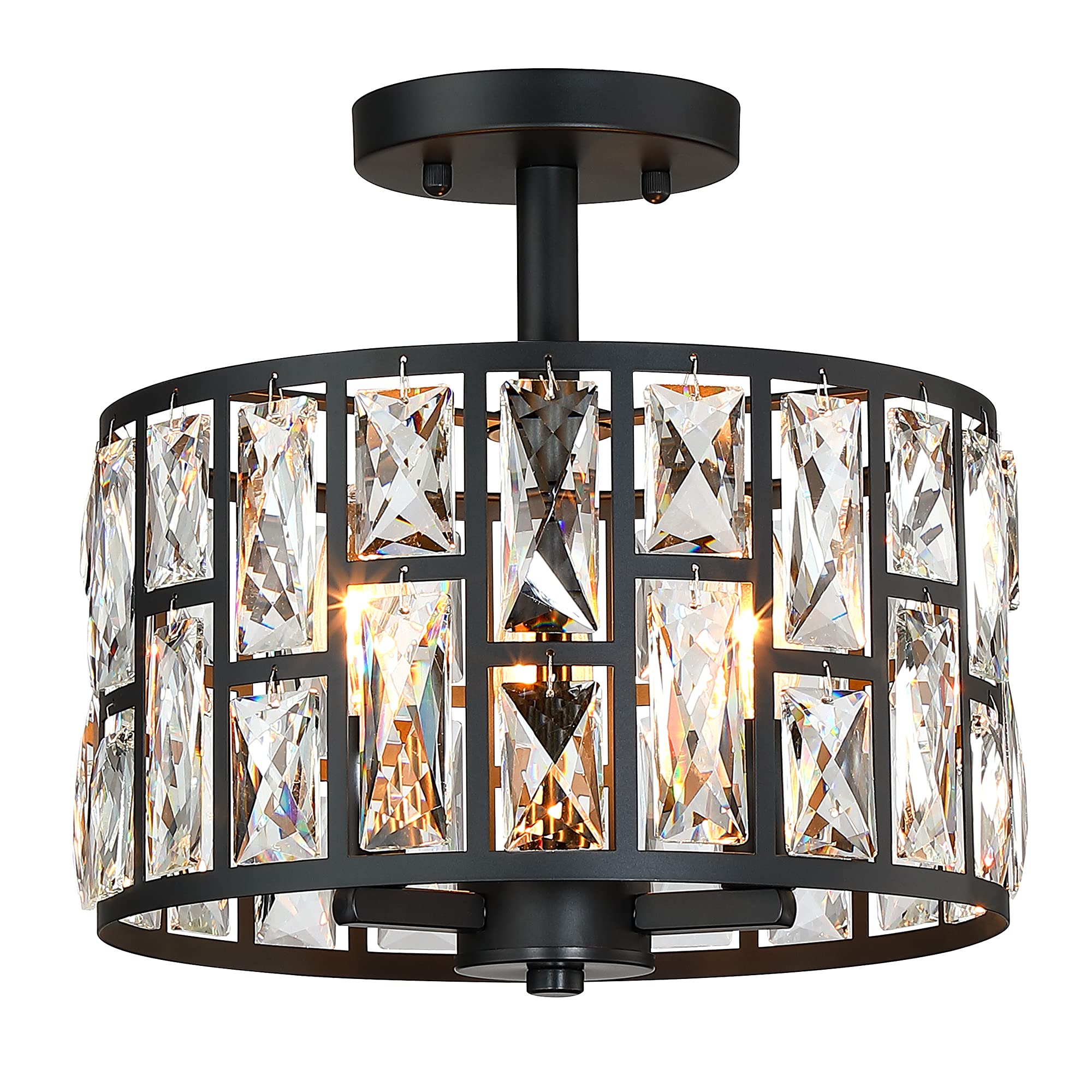 MEXO Farmhouse Crystal Round Semi Flush Mount Close to Ceiling Light Fixture, Drum Shade 3LT Ceiling Lamp for Kitchen Island Dinning Room Bedroom, Hallway Black Finish