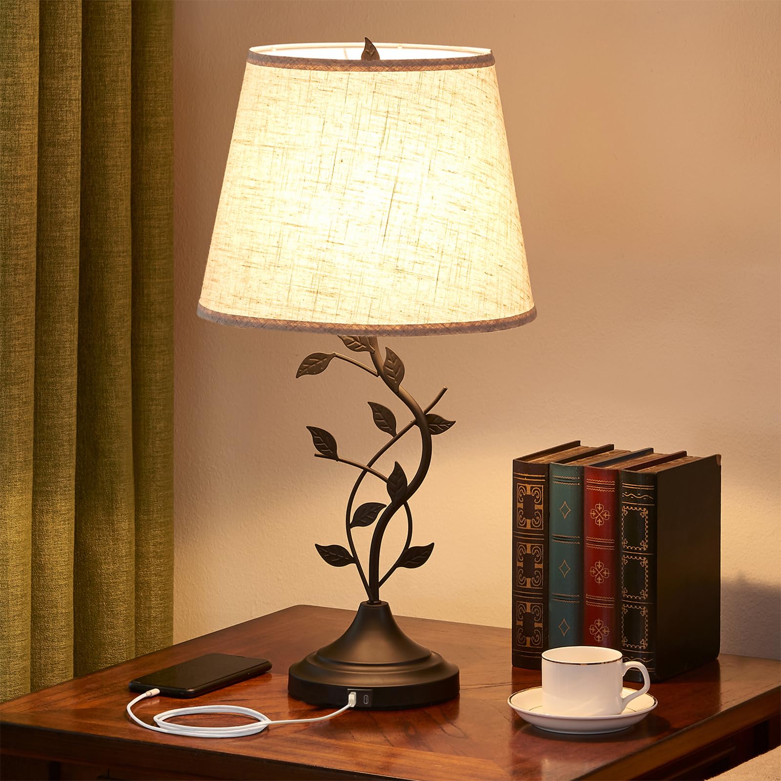 USB Charging Bedside Nightstand Lamp for Living Room and Bedroom - Traditional Tall Retro Desk Lamp with USB-A and USB-C Ports