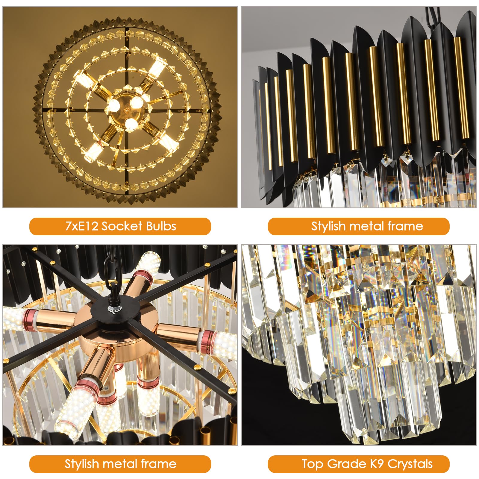 Modern Crystal Chandeliers 3 Tiers Black and Gold Chandelier Pendant Light Fixtures Round Flush Mount Chandeliers Ceiling Lighting for Living Room Dining Room Foyer Bedroom Entryway Kitchen W16in