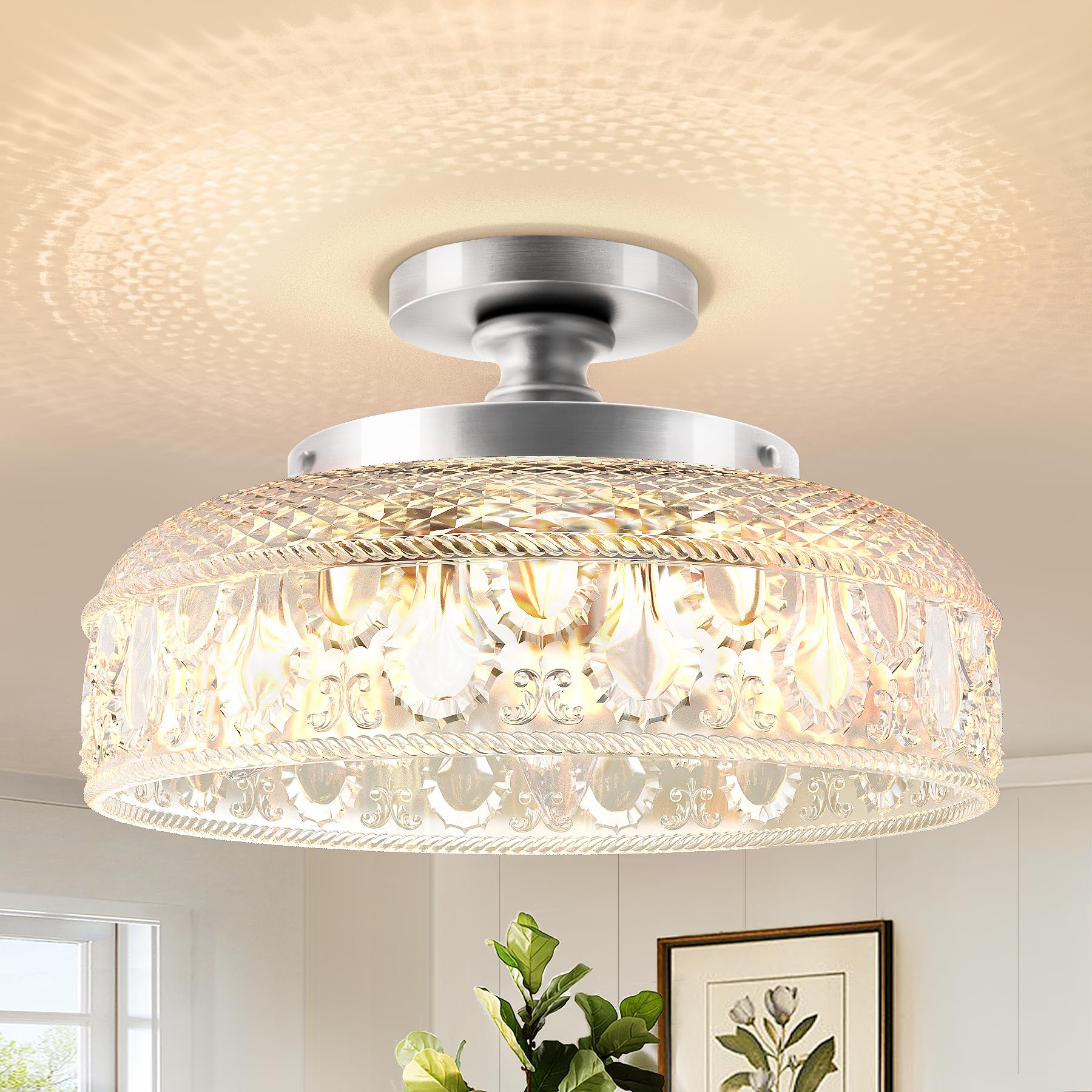 Semi Flush Mount Ceiling Light, Upgraded Larger Golden Hallway Light Fixture, 3-Bulb Globe Glass Close to Ceiling Light,Indoor Hanging Light for Bedroom Kitchen Porch Hallway,Bulbs Not Included