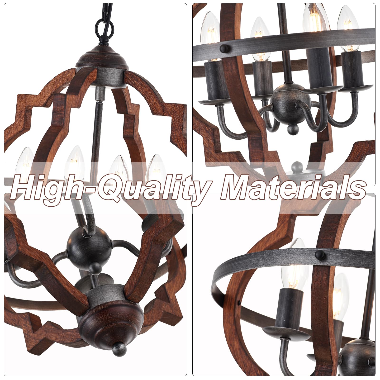 Wood Chandelier Light Fixture Antique Farmhouse 23.6" Caged Candle Style Ord Chandelier Industrial Rustic 6-Lights Wooden Chandelier for Dining Room, Kitchen, Living Room, Bedroom, E12