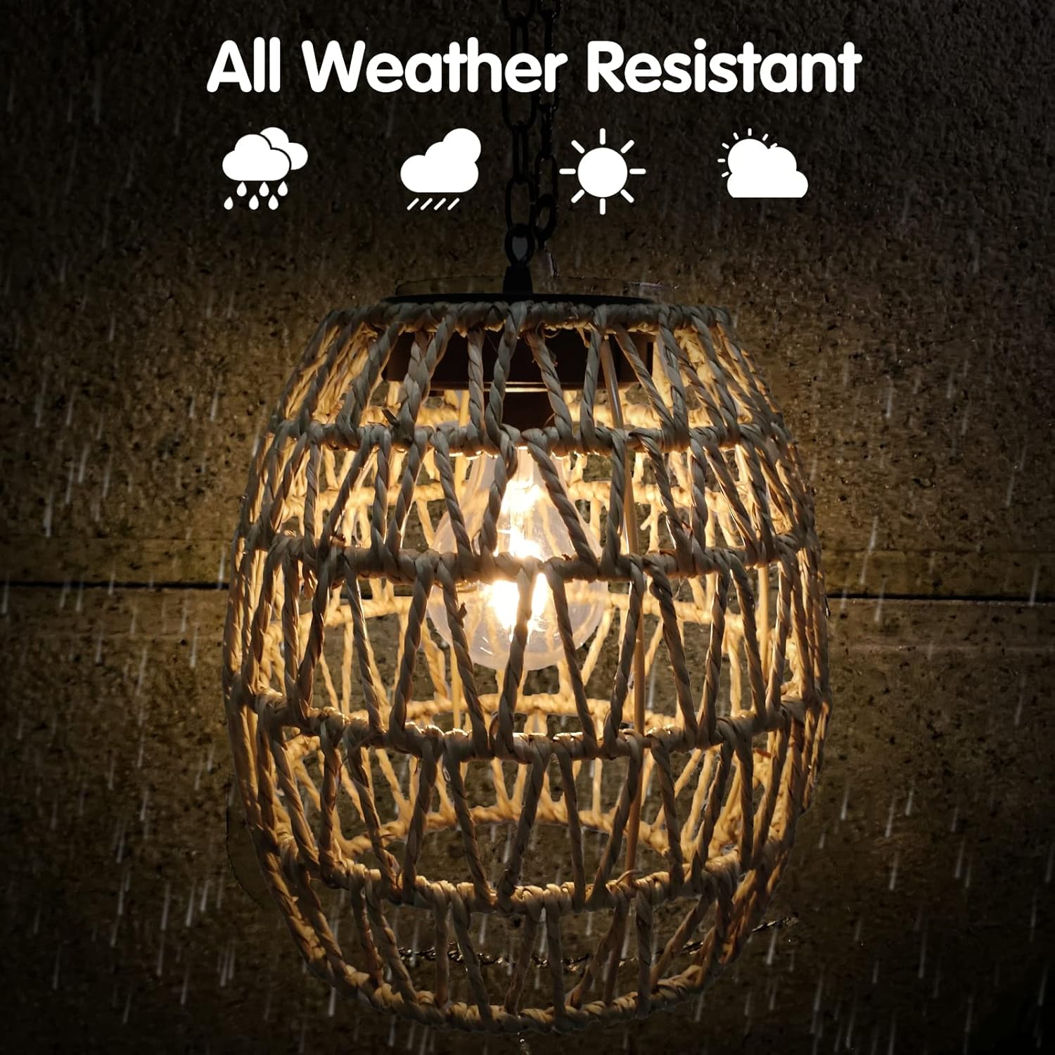 Battery Operated Outdoor Hanging Light Seagrass Woven Waterproof Porch Gazebo Patio Pendant Lantern Chandelier Lighting Decorative Hollow-Out Auto On/Off Warm White Bulb