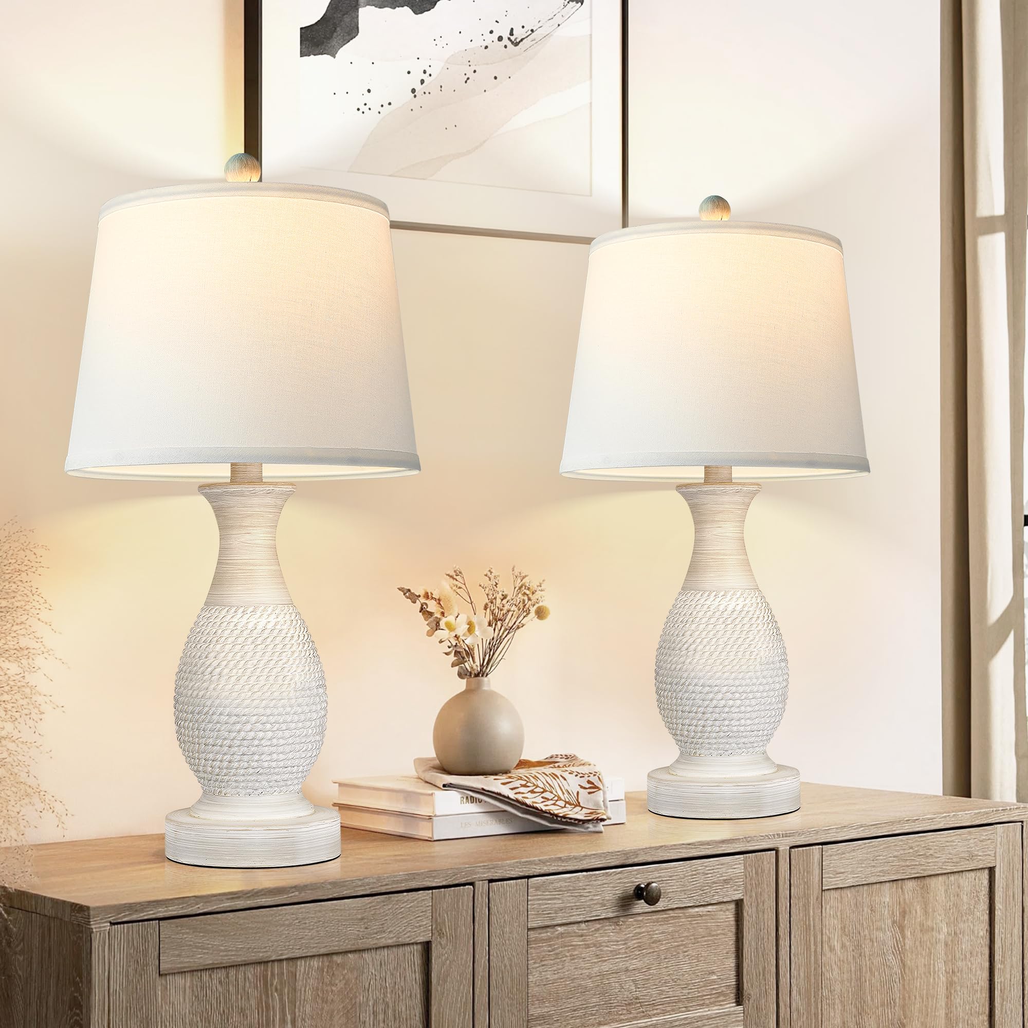 Set of 2 Table Lamps with USB C+A Fast Charging Ports, 26" Tall Farmhouse Living Room Lamp with 3-Way Dimmable Nightstand Lamp White Fabric Shade for Living Room Bedroom Home Office