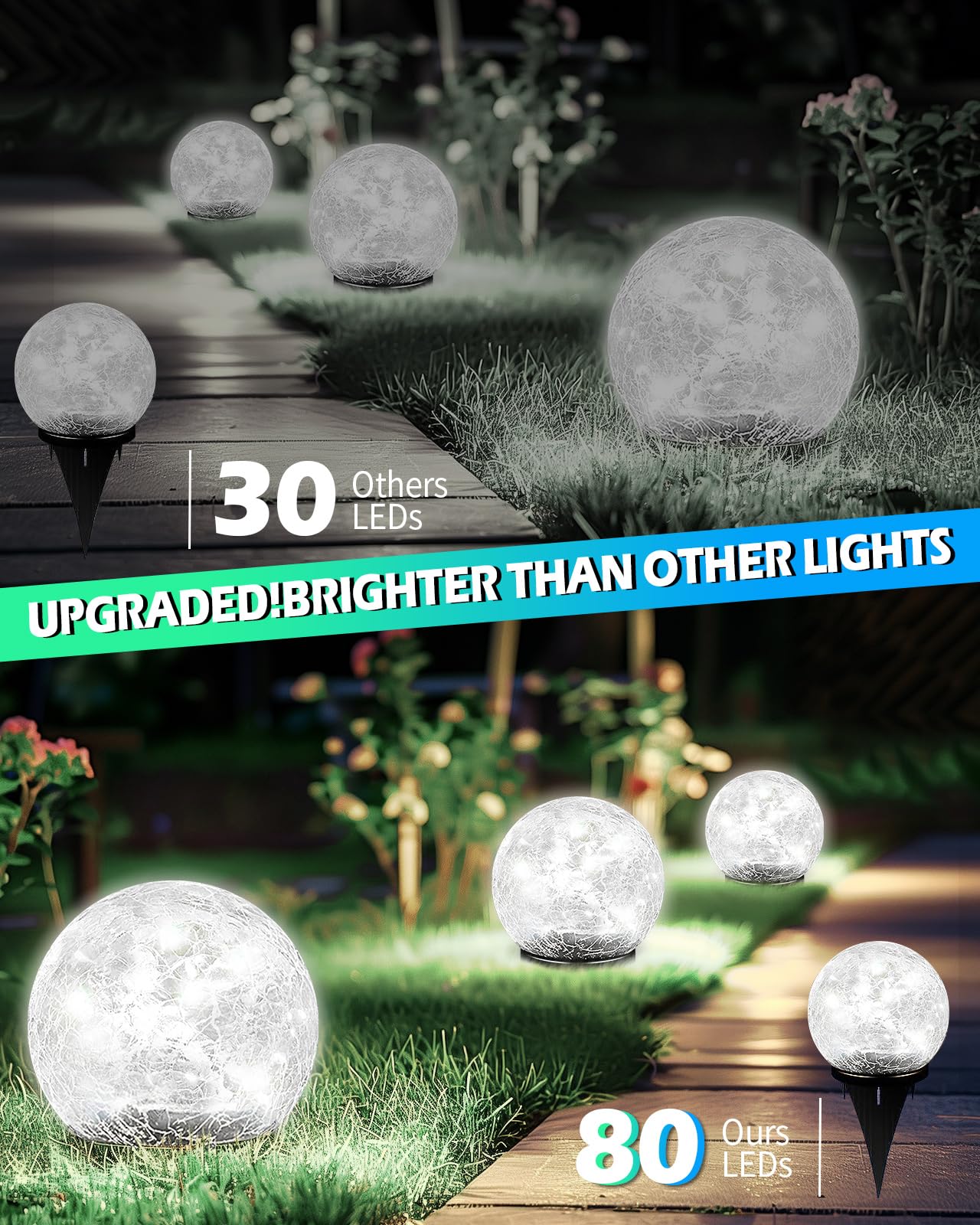 Garden Solar Ball Lights Outdoor Waterproof, 50 LED Cracked Glass Globe Solar Power Ground Lights for Path Yard Patio Lawn, Christmas Decoration Landscape Warm White(2 Pack 4.7'')