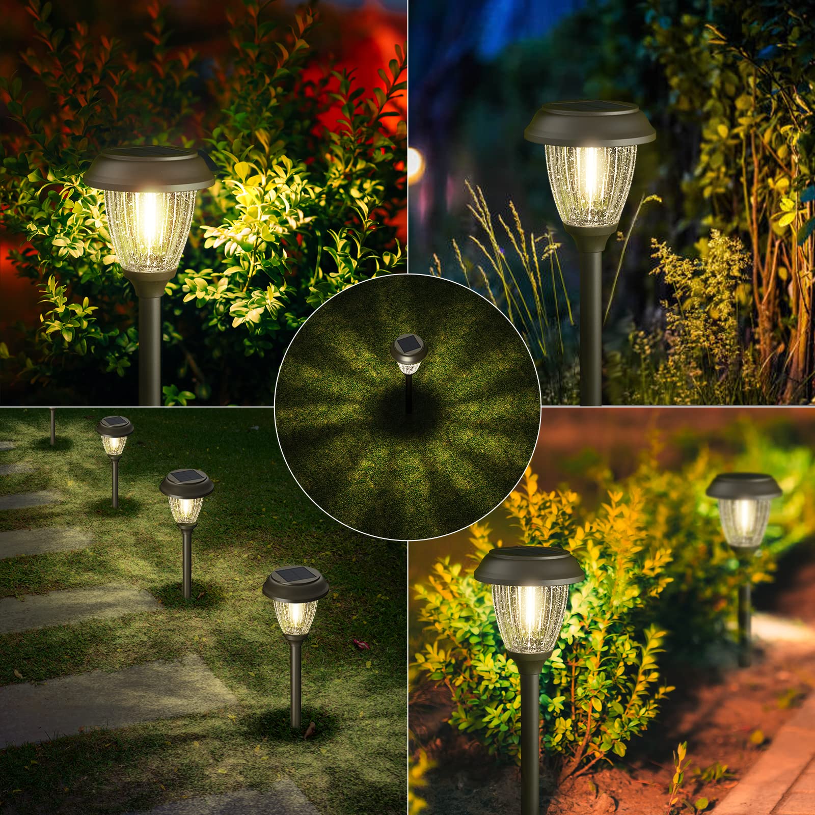 Solar Lights Outdoor 10/25 LM LED with 2 Lighting Modes, Solar Garden Lights Glass and Metal, IP65 Waterproof Solar Powered for Yard Pathway Walkway Driveway Patio (6 Pack, Warm White)