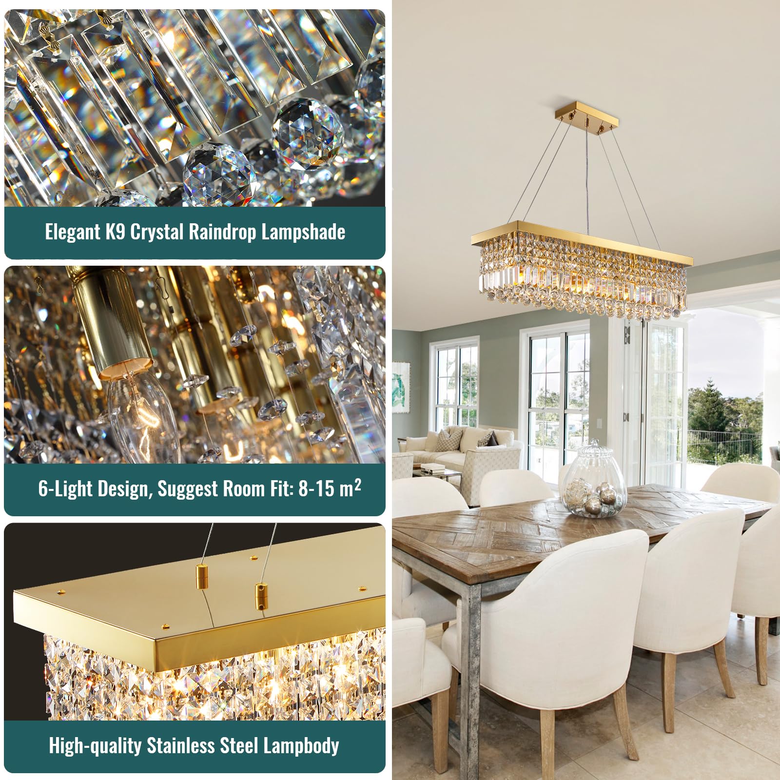 6-Light Modern Crystal Chandelier Rectangular Gold K9 Crystal Raindrop Chandelier for Dining Room, Luxury Adjustable Ceiling Pendant Light for Living Room Kitchen Island L31.5'' x W10'' x H10''