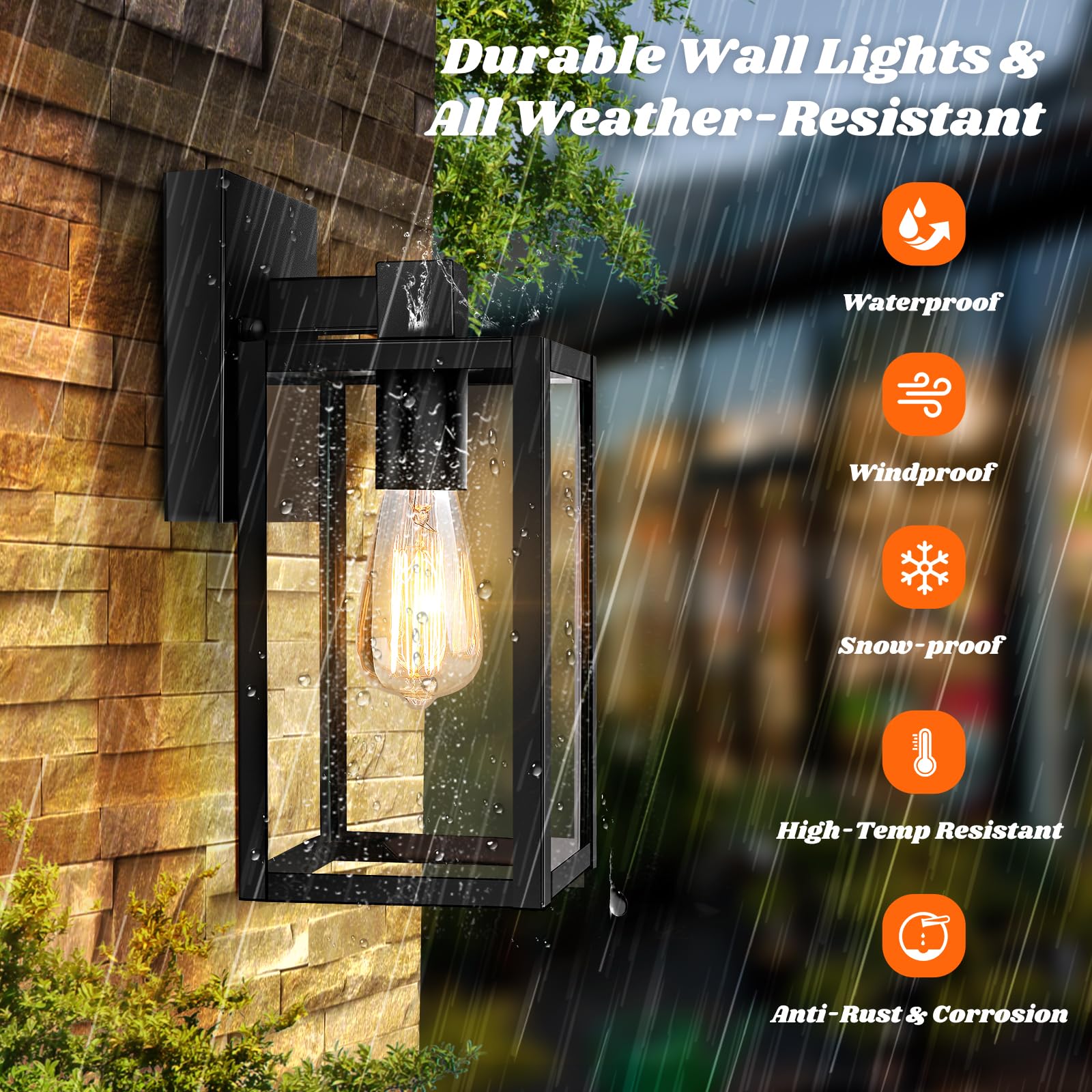 2-Pack Outdoor Light Fixtures Wall Mount, Waterproof Exterior Wall Lanterns with Clear Glass, Anti-Rust Outside Black Wall Sconces, Front Porch Lights for House Garage Doorway, Bulbs Not Included