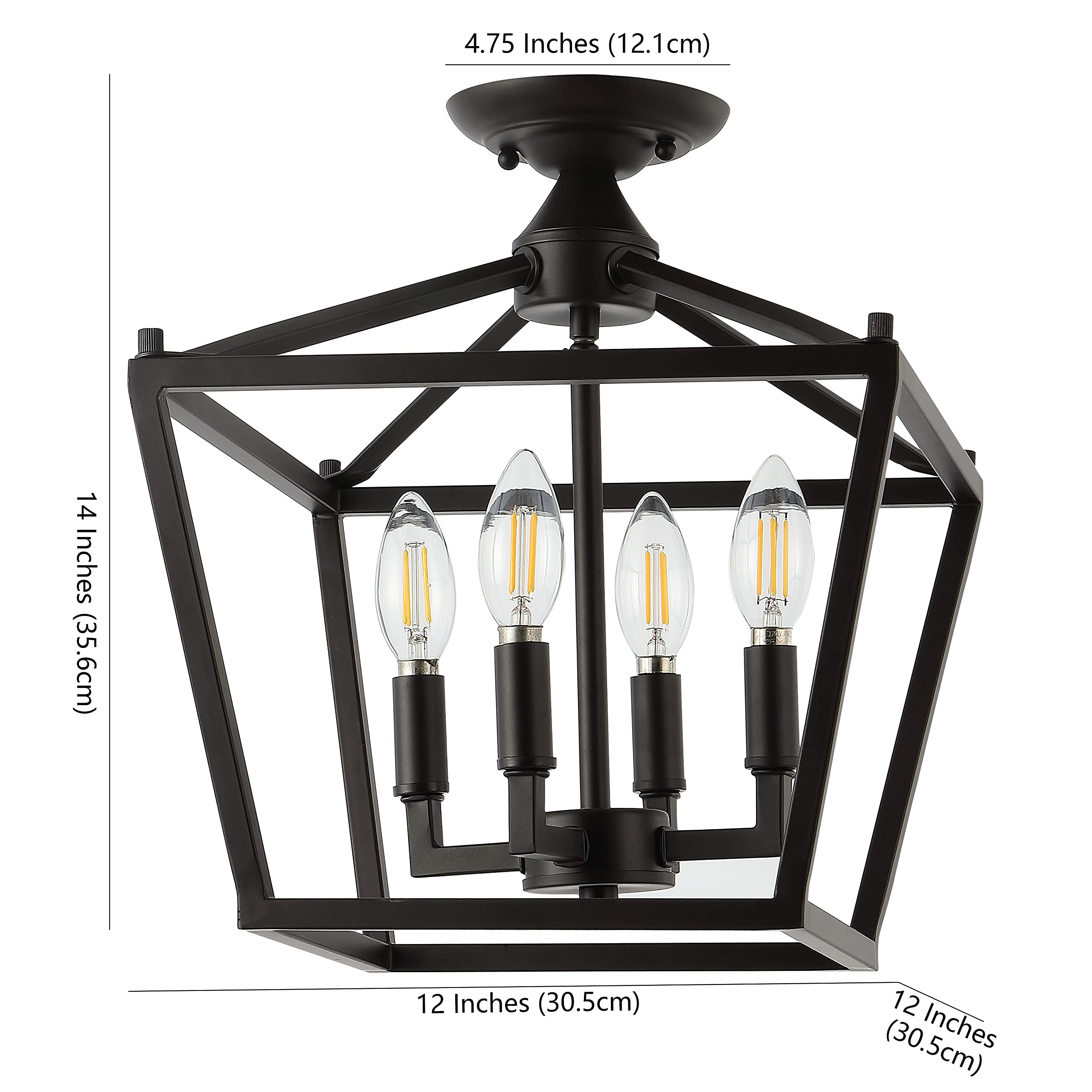 Mini Lantern 12" 4-Light Iron Modern Farmhouse LED Flush Mount, Rustic, Industrial, Dimmable, 2700K Cozy Warm Light Kitchen, Hallway, Bathroom, Stairwell, Brass Gold