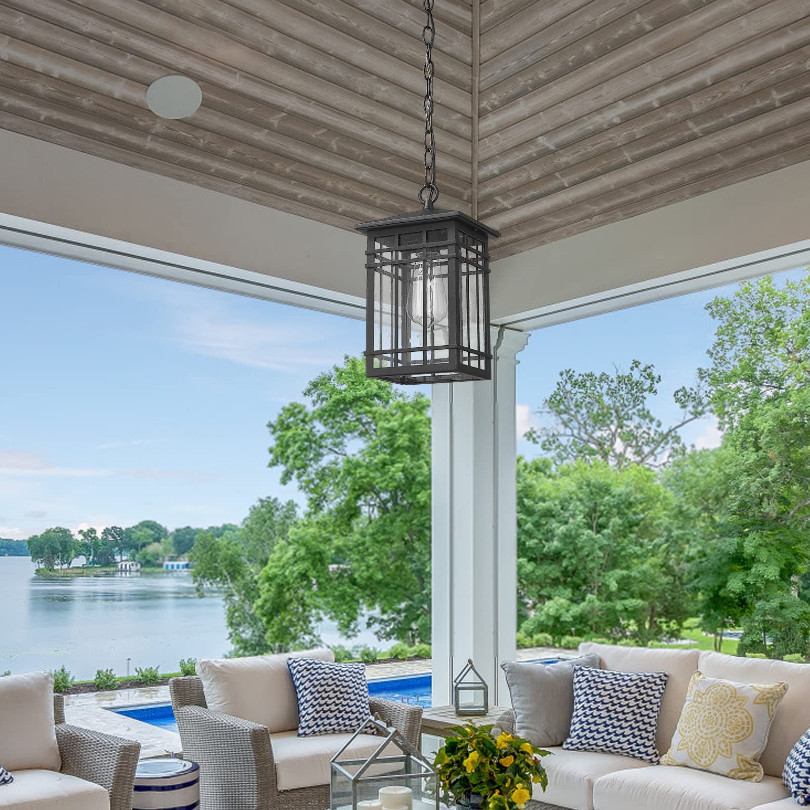 Outdoor Pendant Lighting, Exterior Pendant Lantern, Farmhouse Porch Hanging Lantern Lights with Seeded Glass in Black Finish, Outdoor Pendant Lamp for Front Porch, Entryway, Patio, Gazebo