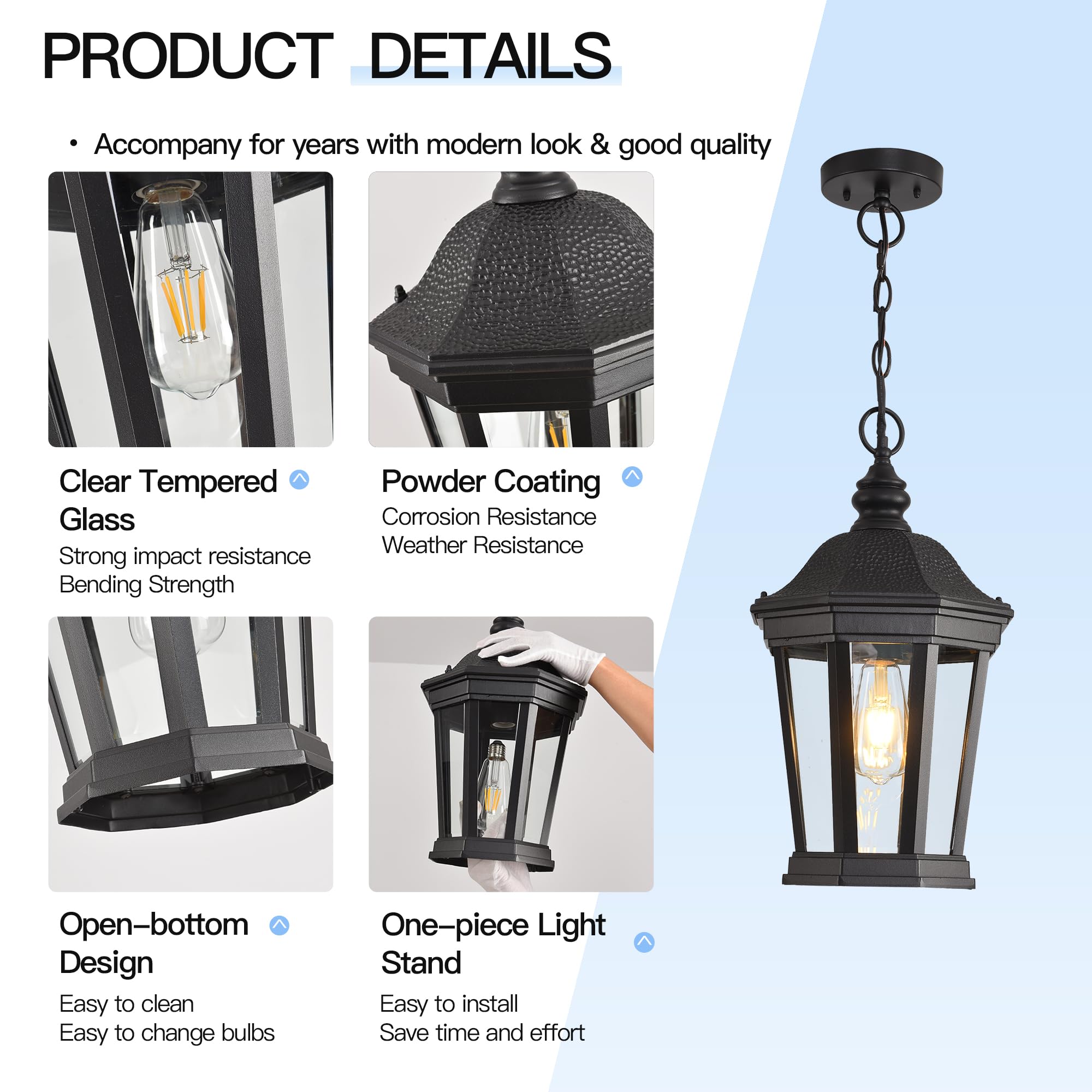 Large Outdoor Pendant Porch Light, 17.5''H Outdoor Hanging Lights, Waterproof Outside Chandelier Light, Black Exterior Hanging Front Lights with Clear Glass for Porch, Patio, Entryway