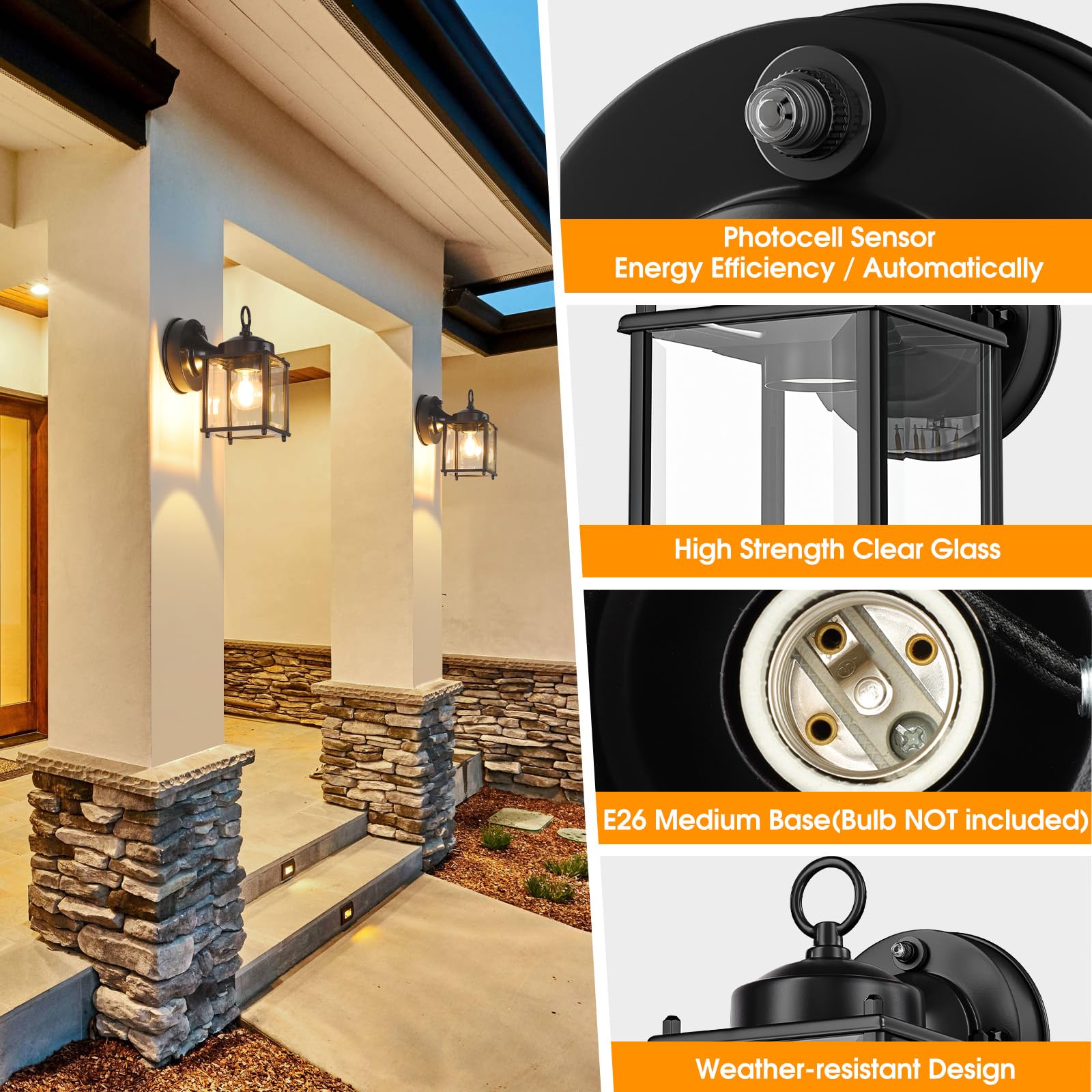 Sensor Outdoor Wall Sconce, Exterior Waterproof Wall Mount Lanterns, Black Front Porch Lights with Clear Beveled Glass, 2 Pack