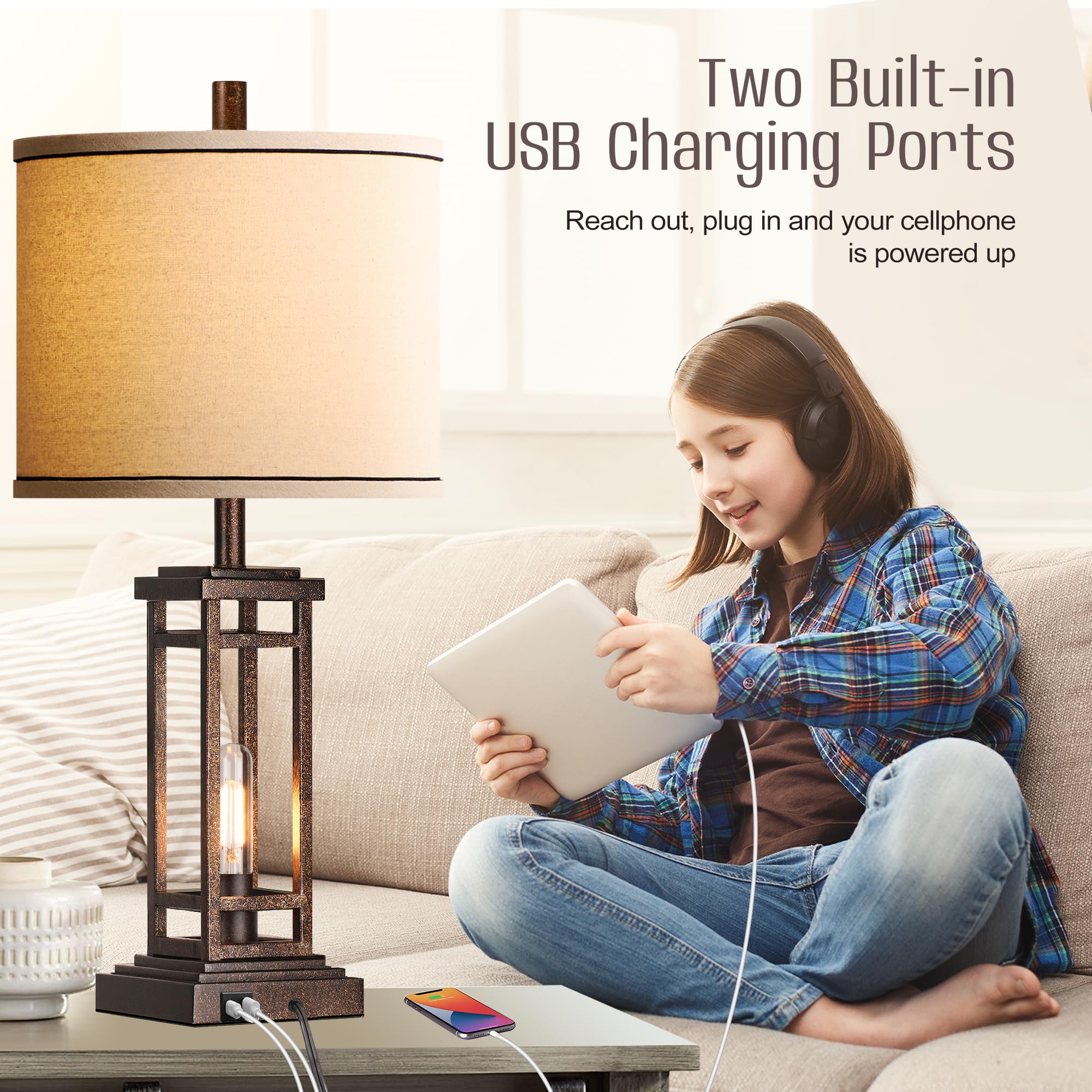 ROTTOGOON 27.5 Tall Farmhouse Table Lamps with USB C + USB A Charge Ports, Rustic Living Room Lamps Set of 2, Black Industrial End Table Lamp for Bedroom Living Room Nightstand (Bronze)