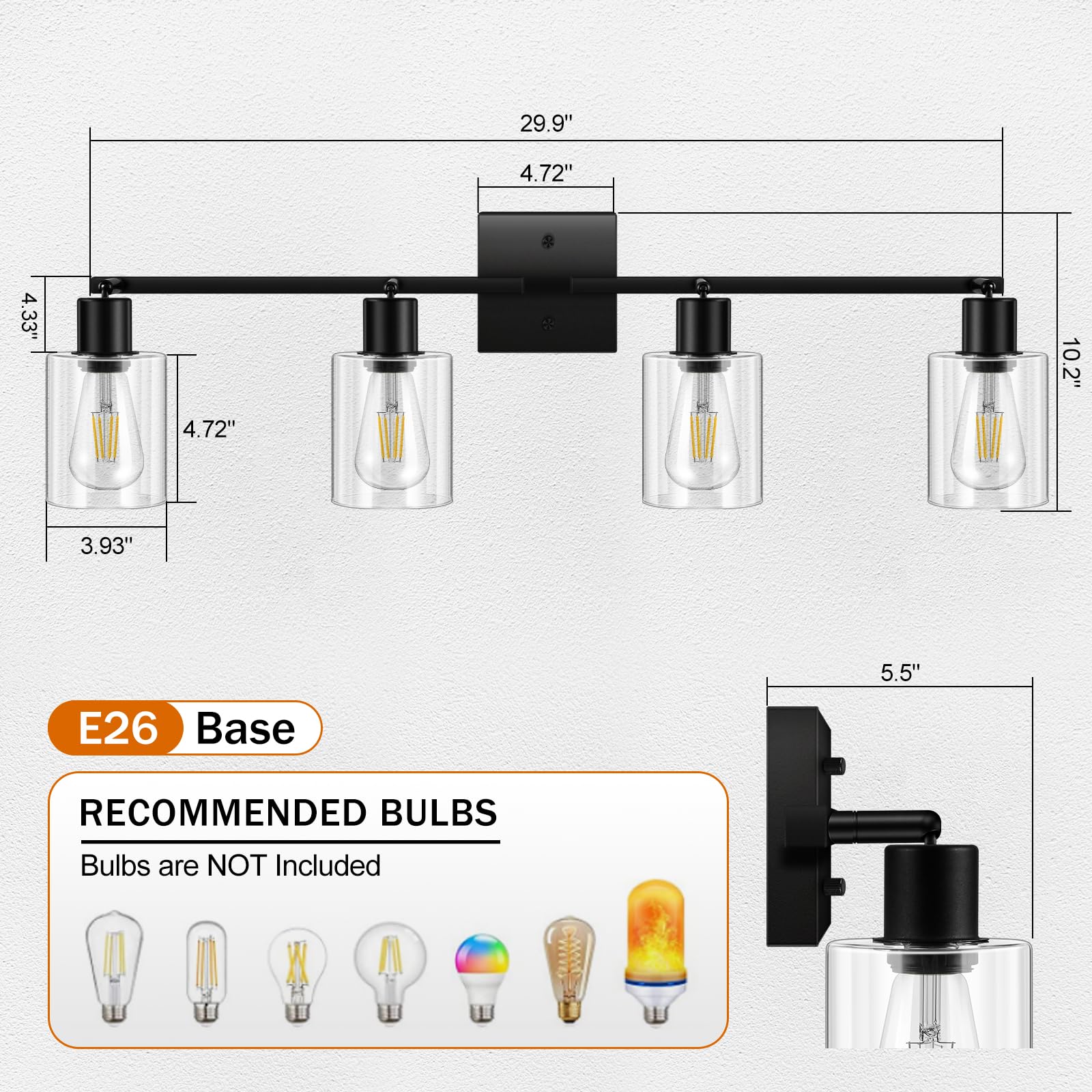 4-Light Track Lighting Fixtures with Clear Glass Shade, Modern Kitchen Lighting Fixtures Ceiling, Rotatable Track Head, Wall Mount Track Light for Bedside Vanity Hallway Bedroom, Matte Black