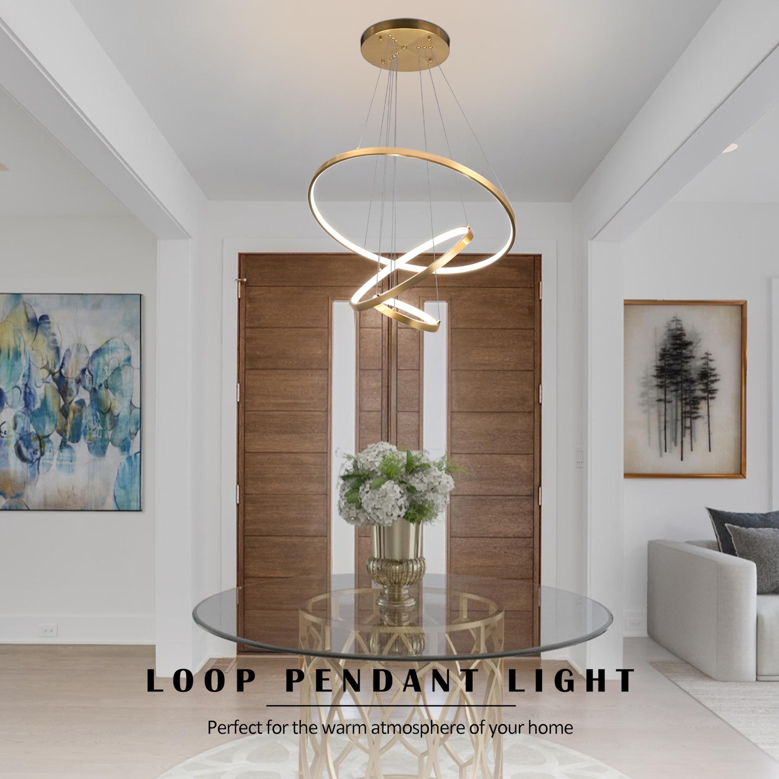 Modern LED Chandelier Contemporary Pendant Lighting Ring Light Fixture Gold with 4000K and 59in Height Adjustable Hanging Lamp for Kitchen Island Hallway Foyer Closet Corridor