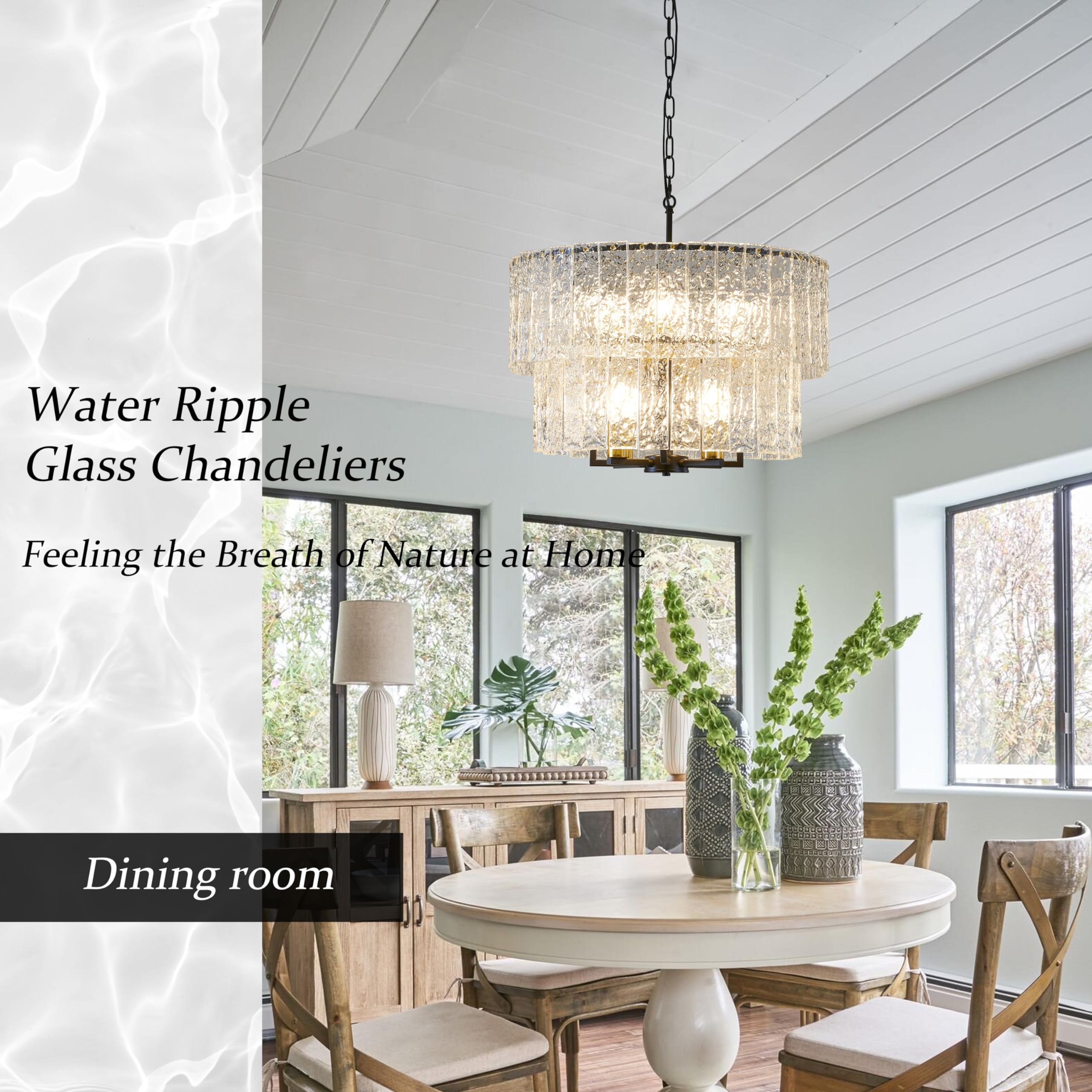 23.8” Modern Crystal Chandeliers for Dining Room 6-Light, Luxury Water Ripple Glass Chandelier Over Table, Black Round Light Fixture Farmhouse for Dining Room Foyer Living Room Bedroom