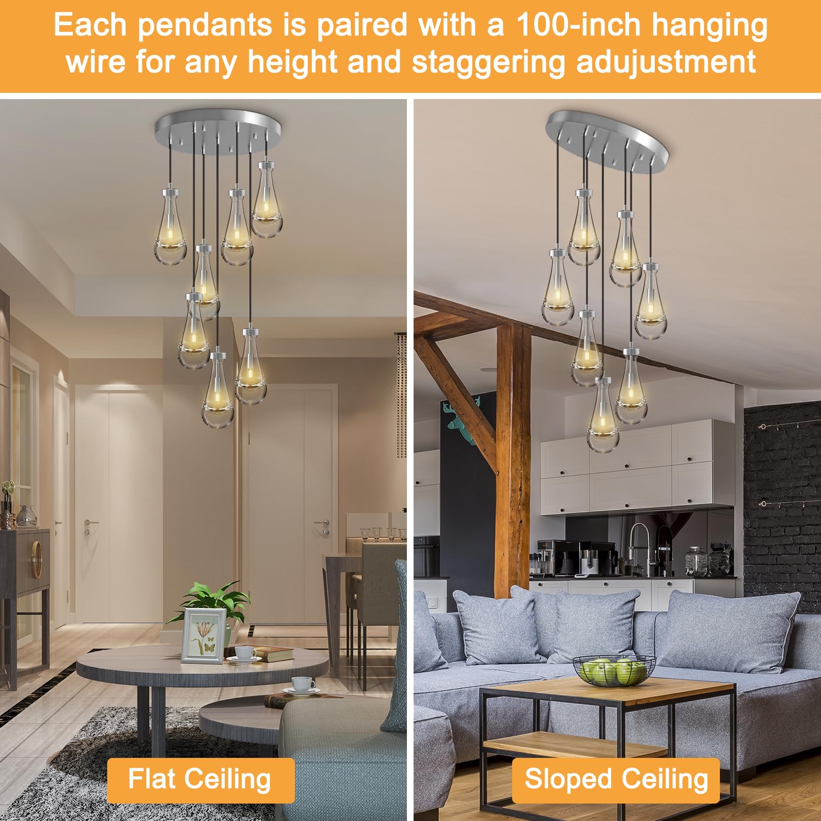 3 Light Pendant Lights Kitchen Island, Raindrop Cluster Pendant Light Fixture, Adjustable Hanging Rope Clear Solid Glass Chandelier for Dining Room, Porch, Corridor, Living Room…