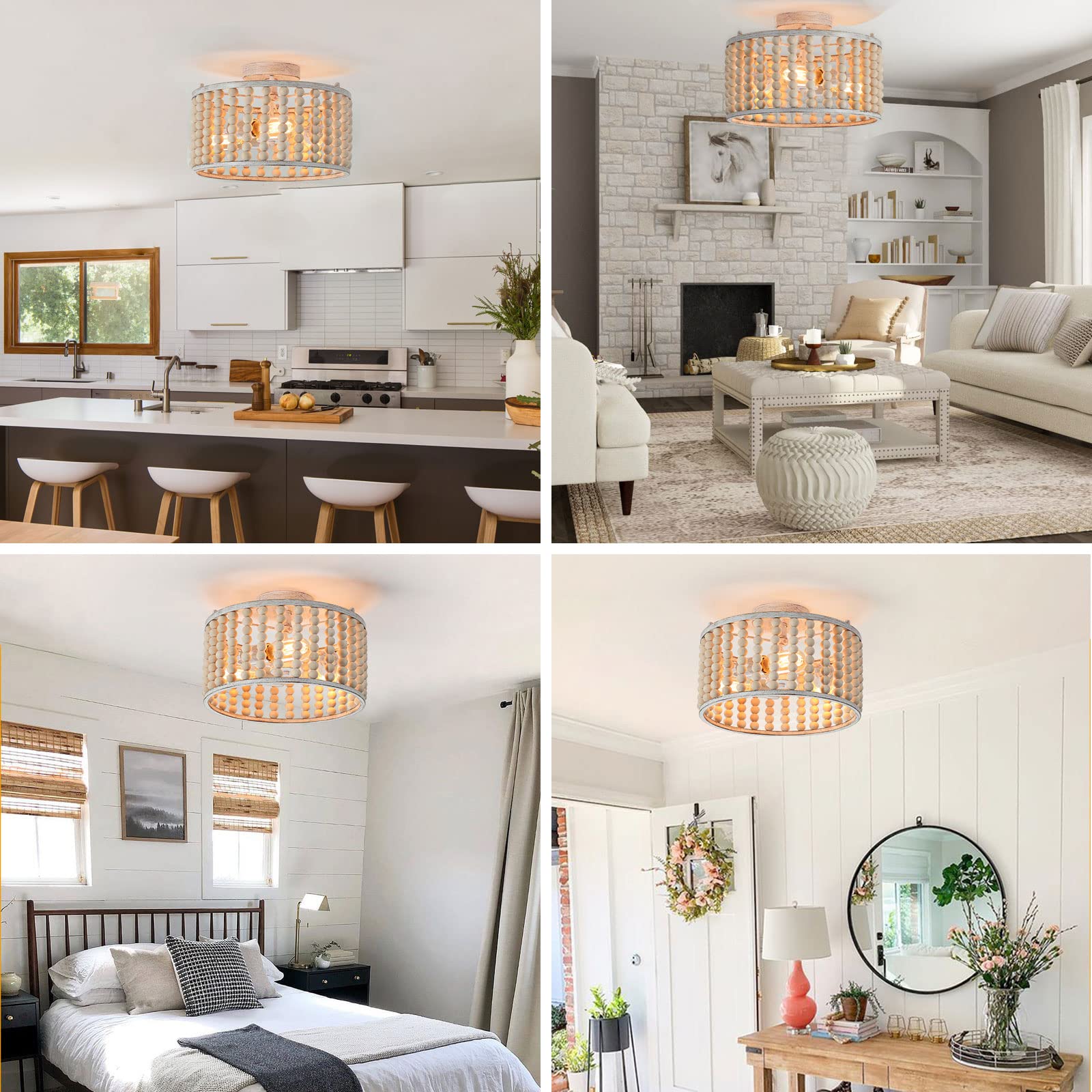 Wood Beaded Boho Chandelier Light Fixture, Semi Flush Mount Ceiling Light 3-Light Rustic Nursery Close to Ceiling Light for Bedroom Kitchen, Living Room, Oak White, E26 Base