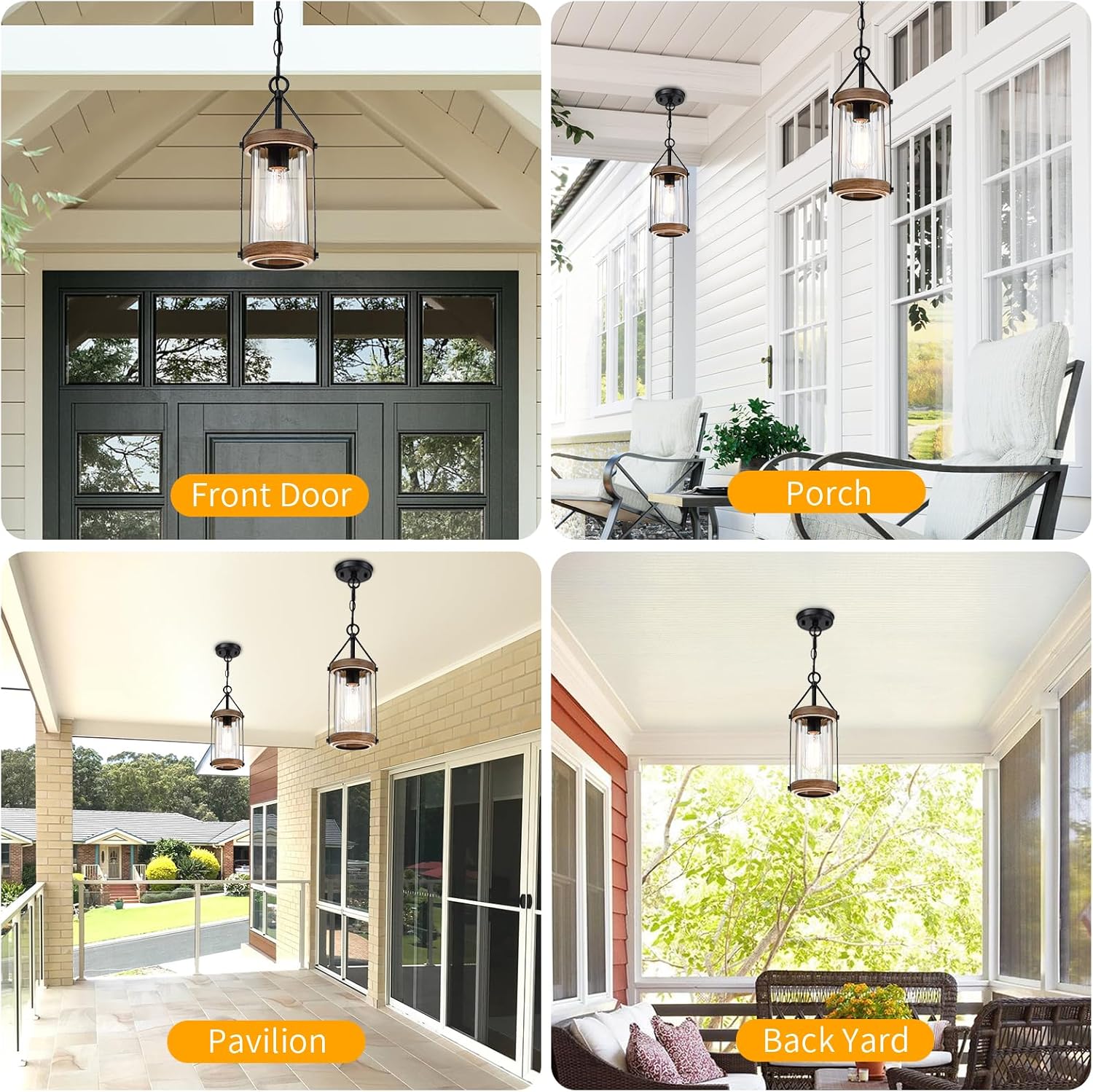 Outdoor Pendant Light Fixtures Exterior Ceiling Hanging Lantern for Porch, Modern Outside Chandelier Light Ceiling Mount with Crack Glass for Front Door Gazebo Entrance Foyer Entryway, 1Pack