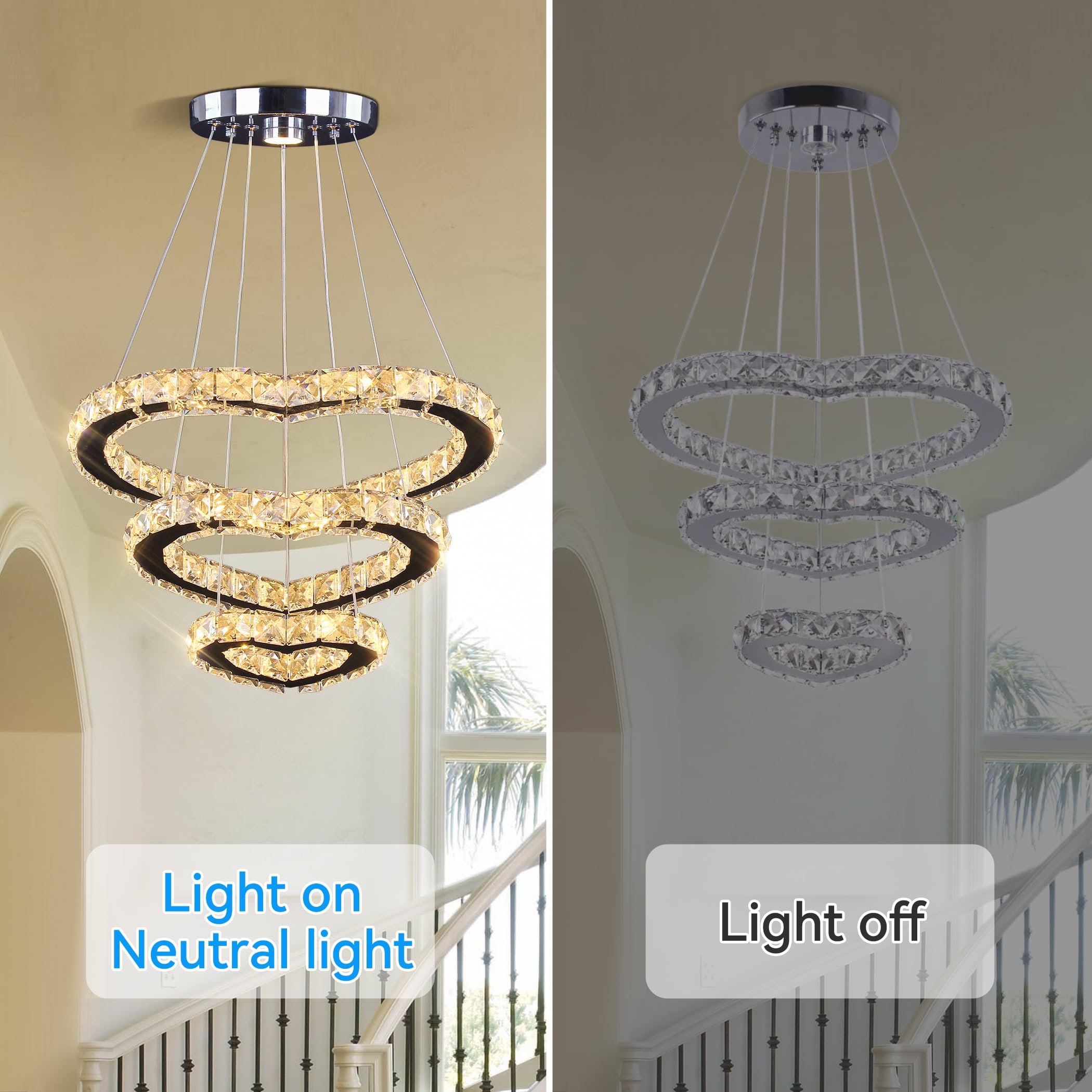 Modern LED Chandeliers Crystal Chandelier 3 Ring Round Pendant Lighting Adjustable Stainless Steel Ceiling Light Fixture for Living Room Dining Room Bedroom