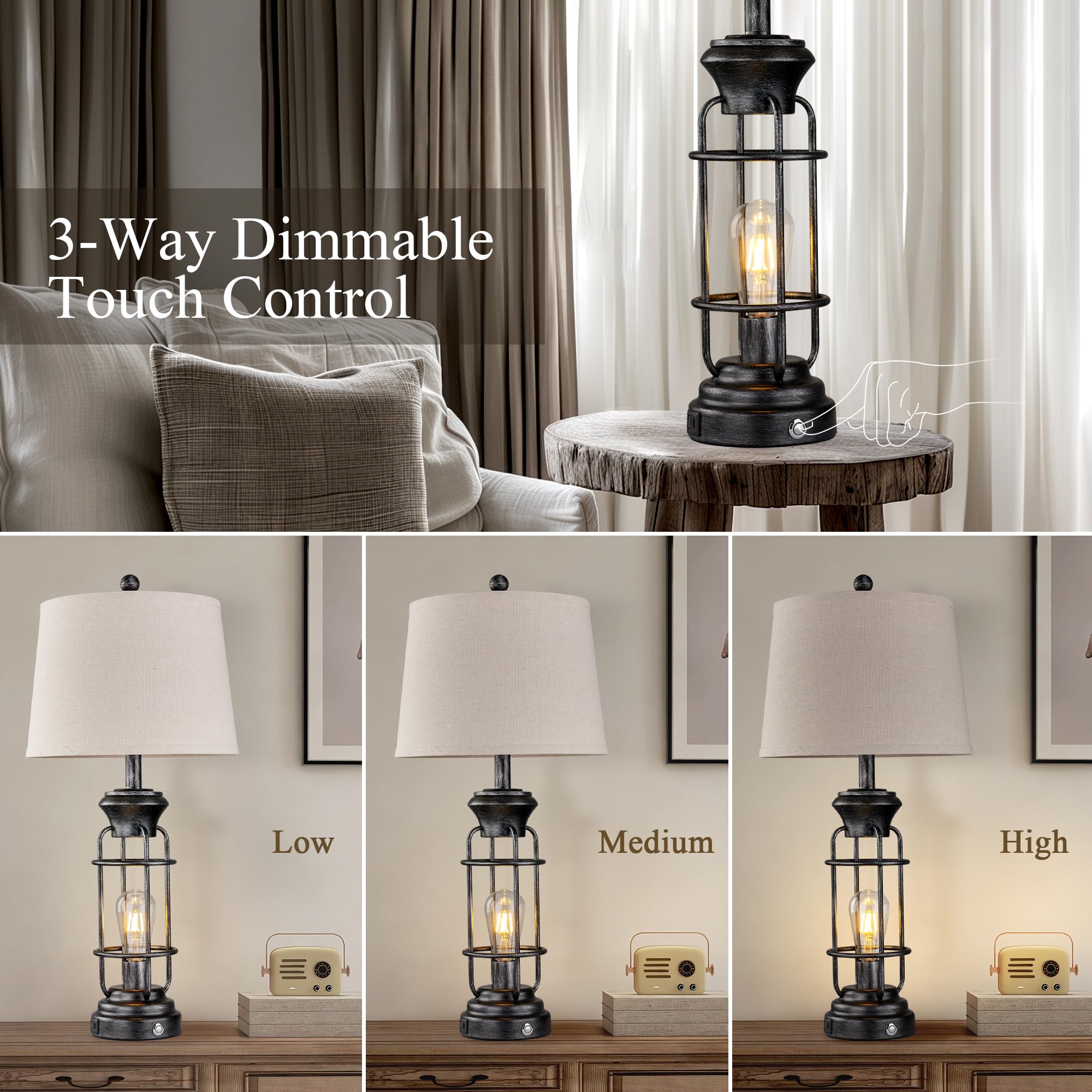 Farmhouse Table Lamp Set of 2 with USB Charging Ports, Tall Table Lamp for Living Room,3-Way Dimmable Lamps for Bedroom, Rustic Bedside Lamp, Industrial Nightstand Lamps,Bulbs Included