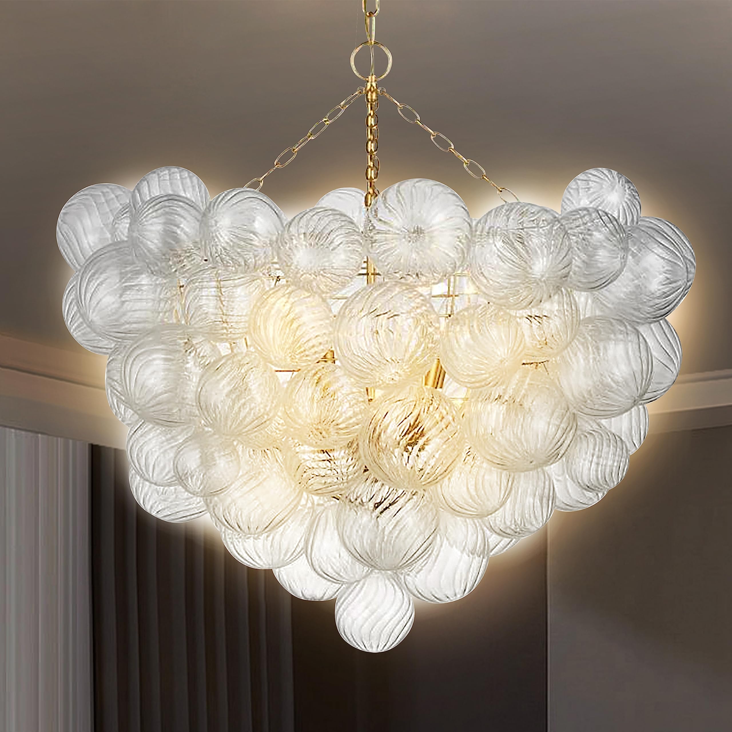 Semi Flush Mount Ceiling Bubble Ball Chandelier Lighting Dia 20 Inch Gold Clear Ribbed Blown Glass Chandeliers Ceiling Medallions Light Fixtures for Bedroom, Living Room, Entry, Bathroom