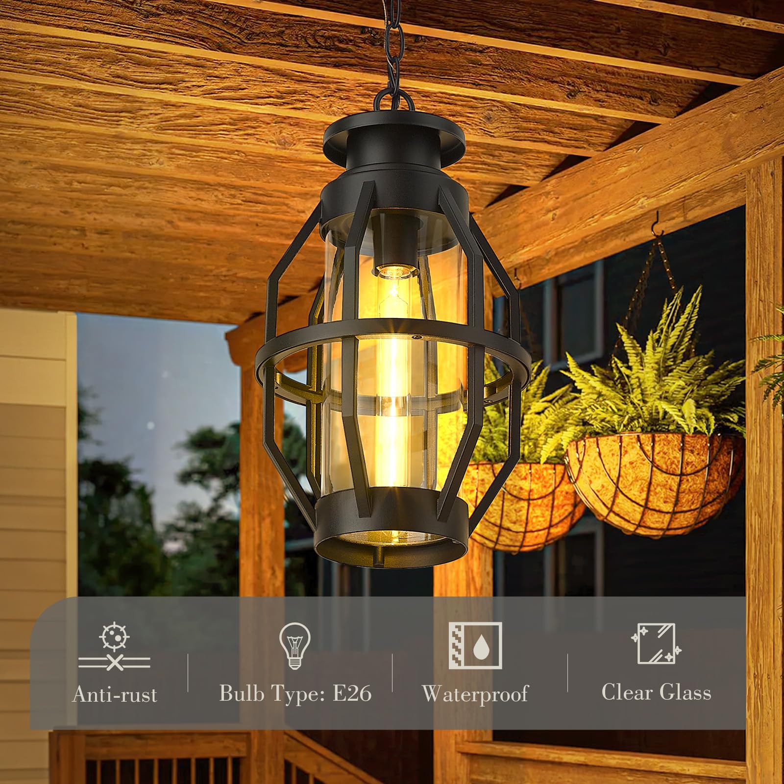 19 Inch Outdoor Pendant Light with Clear Glass, Large Modern Outdoor Hanging Porch Light, Black Finish, WE274H-L BK