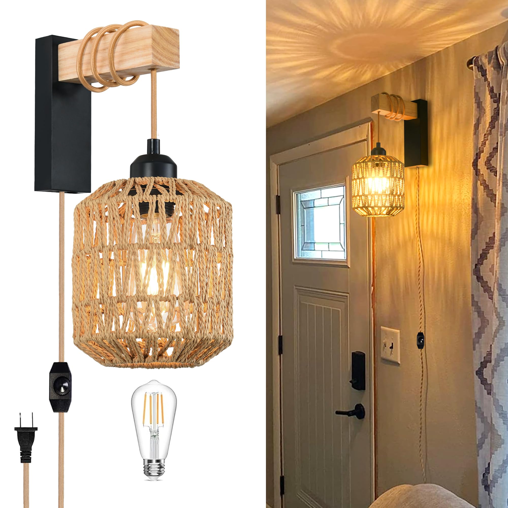 Rattan Plug in Wall Sconces Set of Two,Wicker Wall Lamp with Plug in Cord Hand Woven Rattan Plug in Wall Lamp Rustic Wall Lighting Boho Wall Sconces for Living Room Bedroom