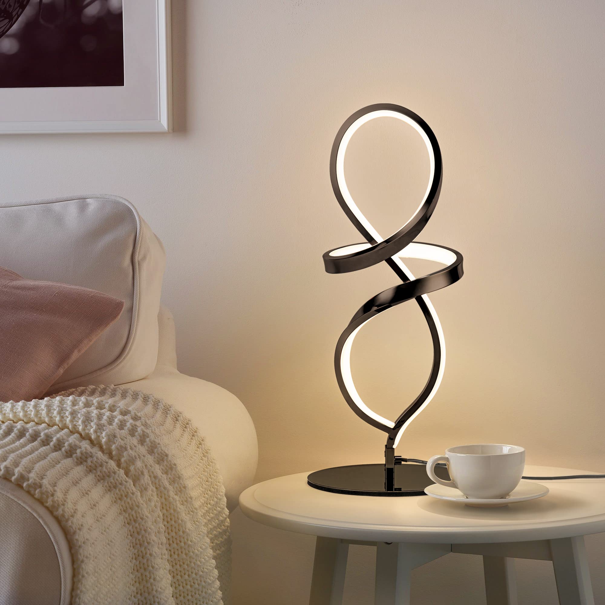 Modern Table Lamp, LED Spiral Lamp, Black Bedside Lamp with Stepless Dimming Switch, Contemporary Nightstand Lamp, LED Lamp for Bedroom Living Room Home Office, 12W, 3200K Warm White