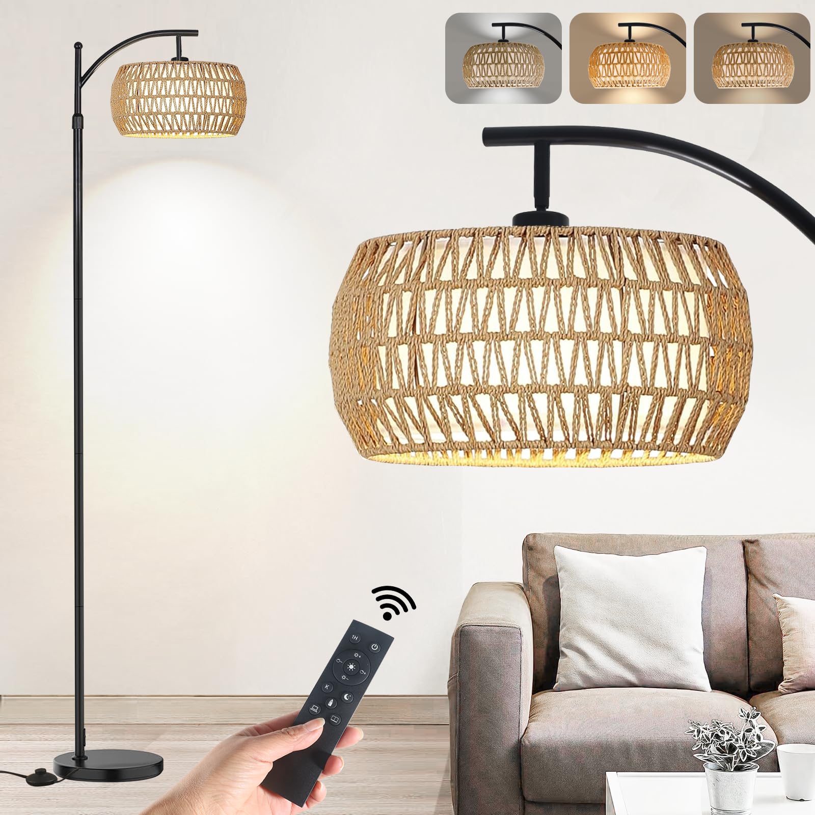 Arc Floor Lamp for Living Room,Farmhouse Floor Lamps with Remote Control & Dimmable Bulb, Boho Rattan Tall Standing Lamp for Bedroom Office