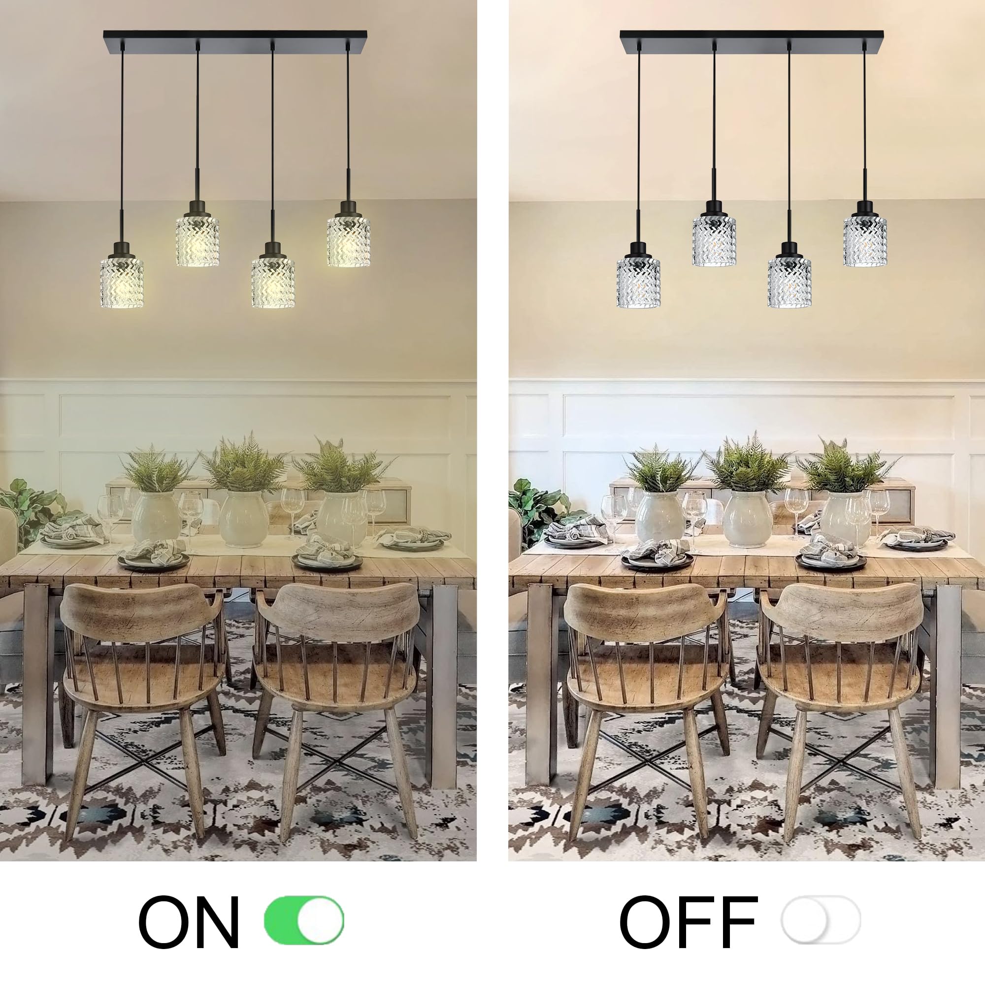 6 Lights Linear Chandeliers for Dining Room, Black Island Lighting Fixture Hanging Pendant Lights with Hammered Glass Shade for Kitchen Island, Dining Hall, Bar