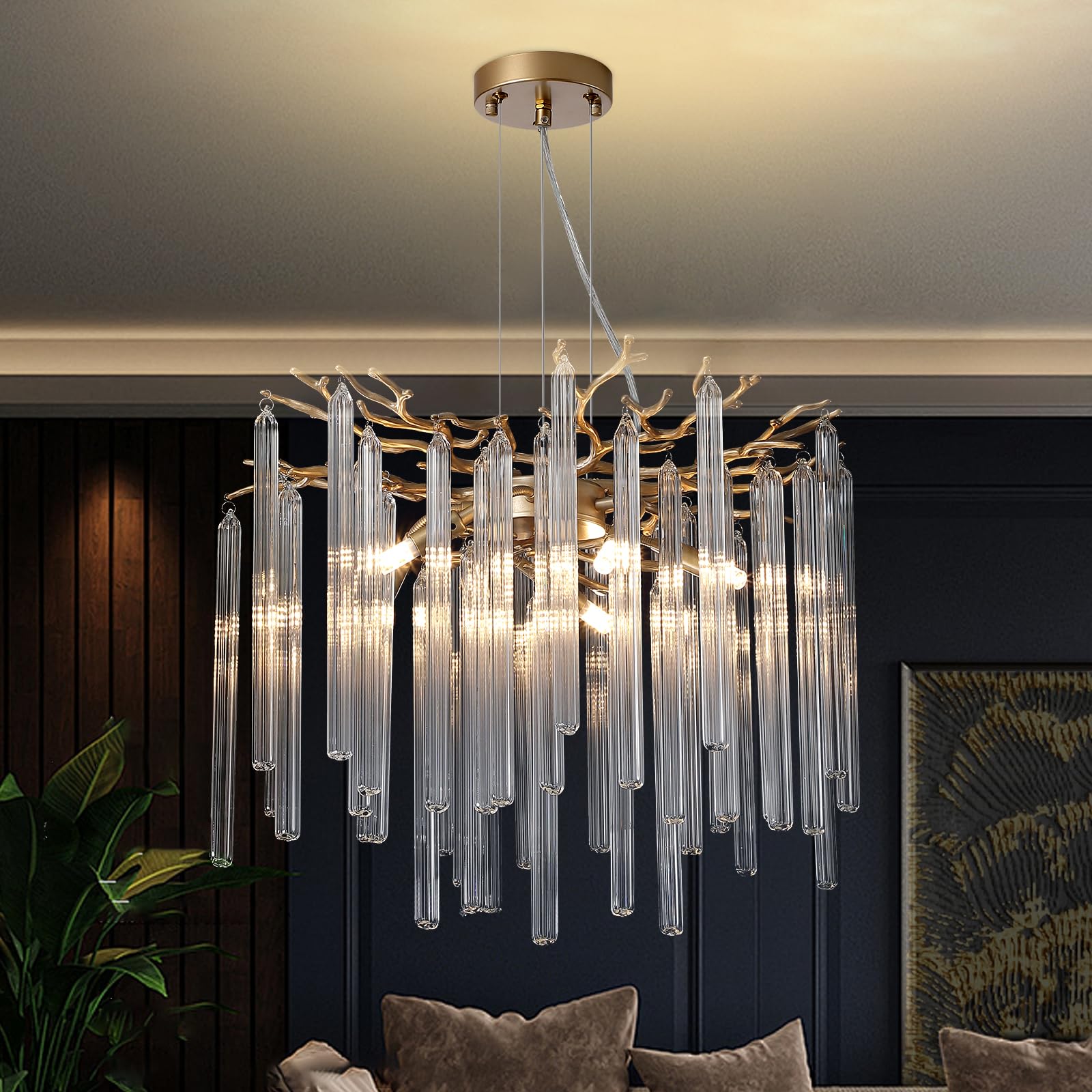 Modern Tree Branch Crystal Chandelier Luxury Gold Raindrop Pendant Lighting 23.6" Contemporary 8-Light Chandeliers for Dining Room Kitchen Bedroom Living Room