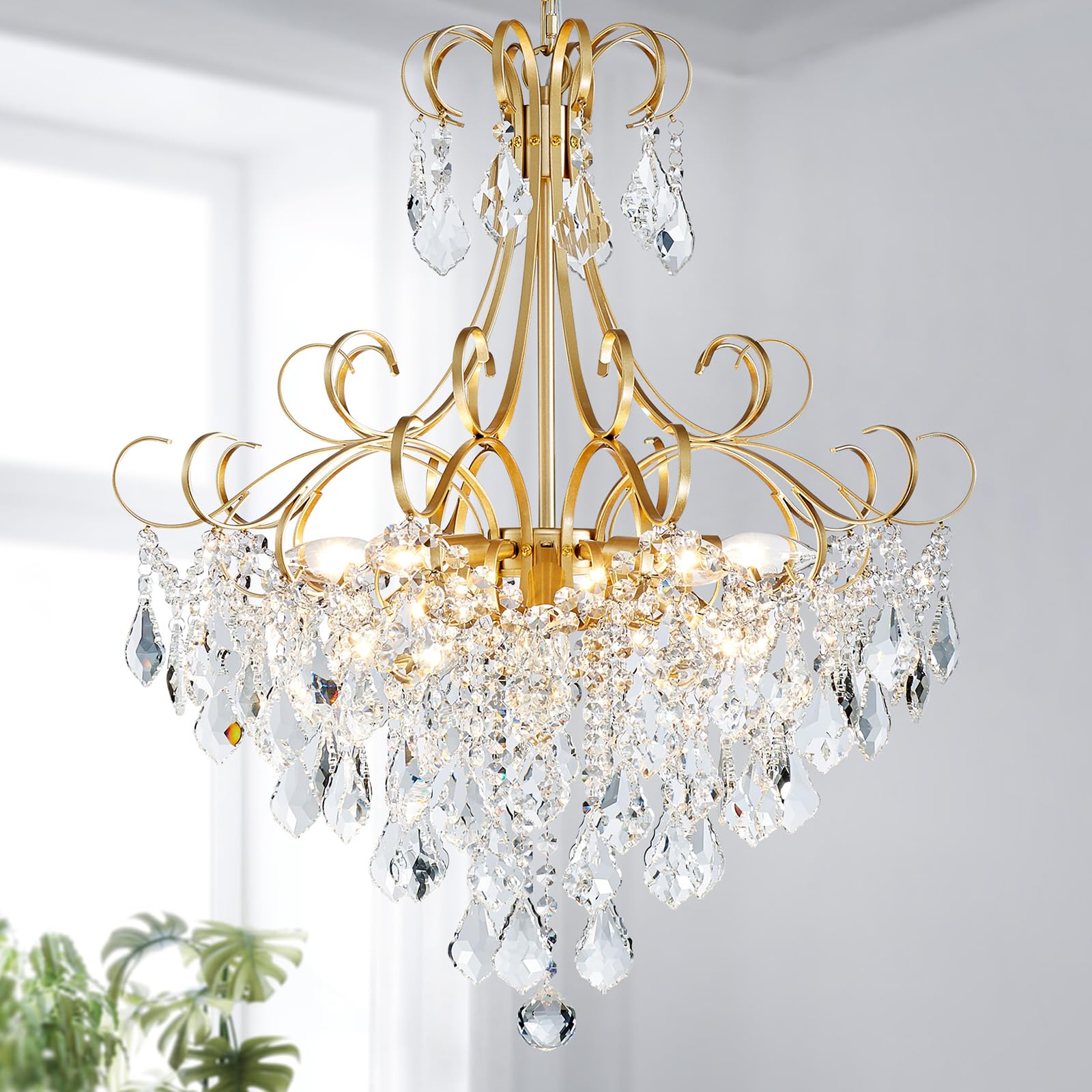 Crystal Chandelier Flushmount Ceiling Light Modern Lighting Fixture for Bedroom Hallway Bar Kitchen Bathroom, H 17.5'' x W 19.3'', E12 Base, Gold