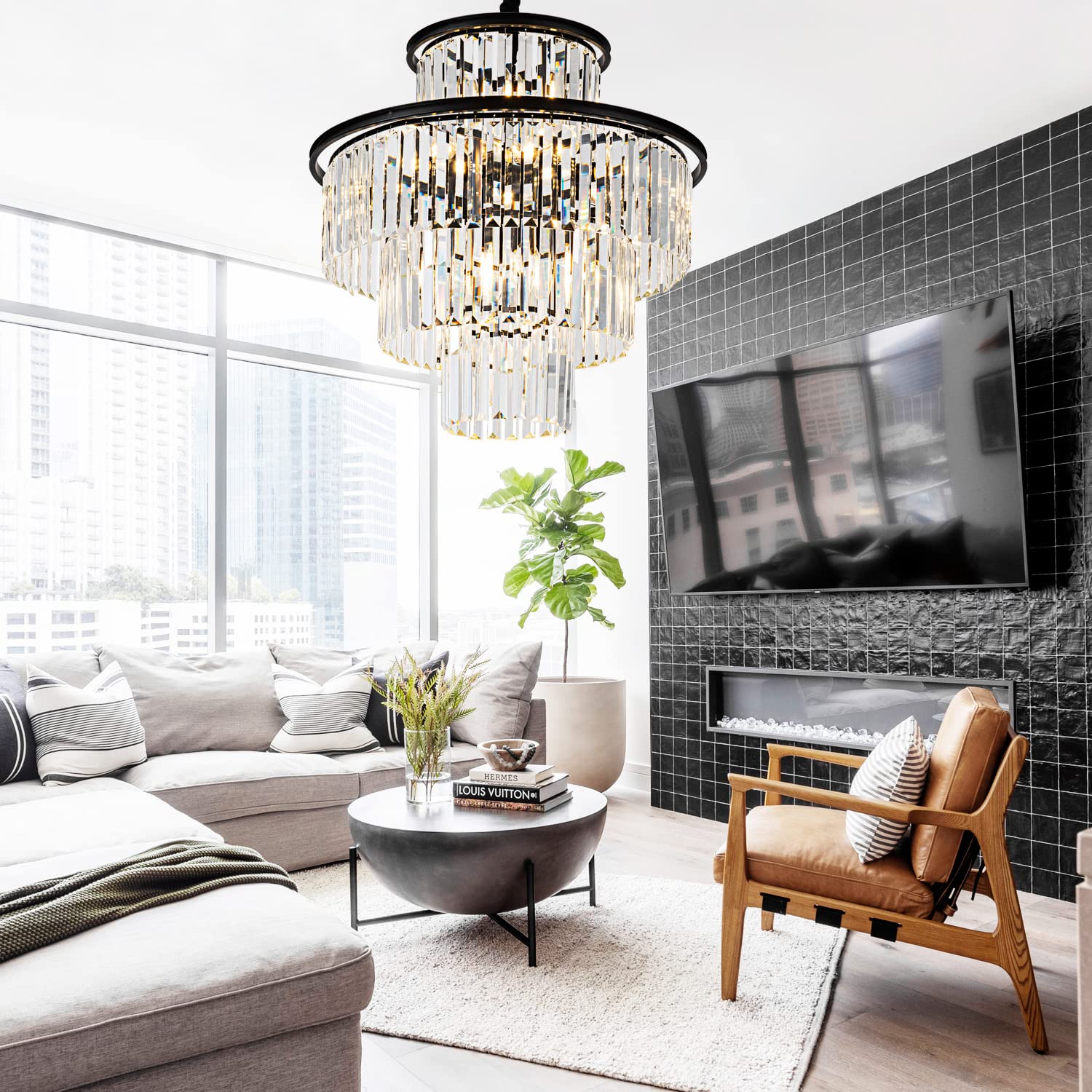 23" 8-Light Modern Crystal Chandelier Light Fixtures 2 Rings Gold Luxury Chandeliers for Dining Room Round Hanging Pendant Lighting for Living Room Kitchen Entryway Bedroom