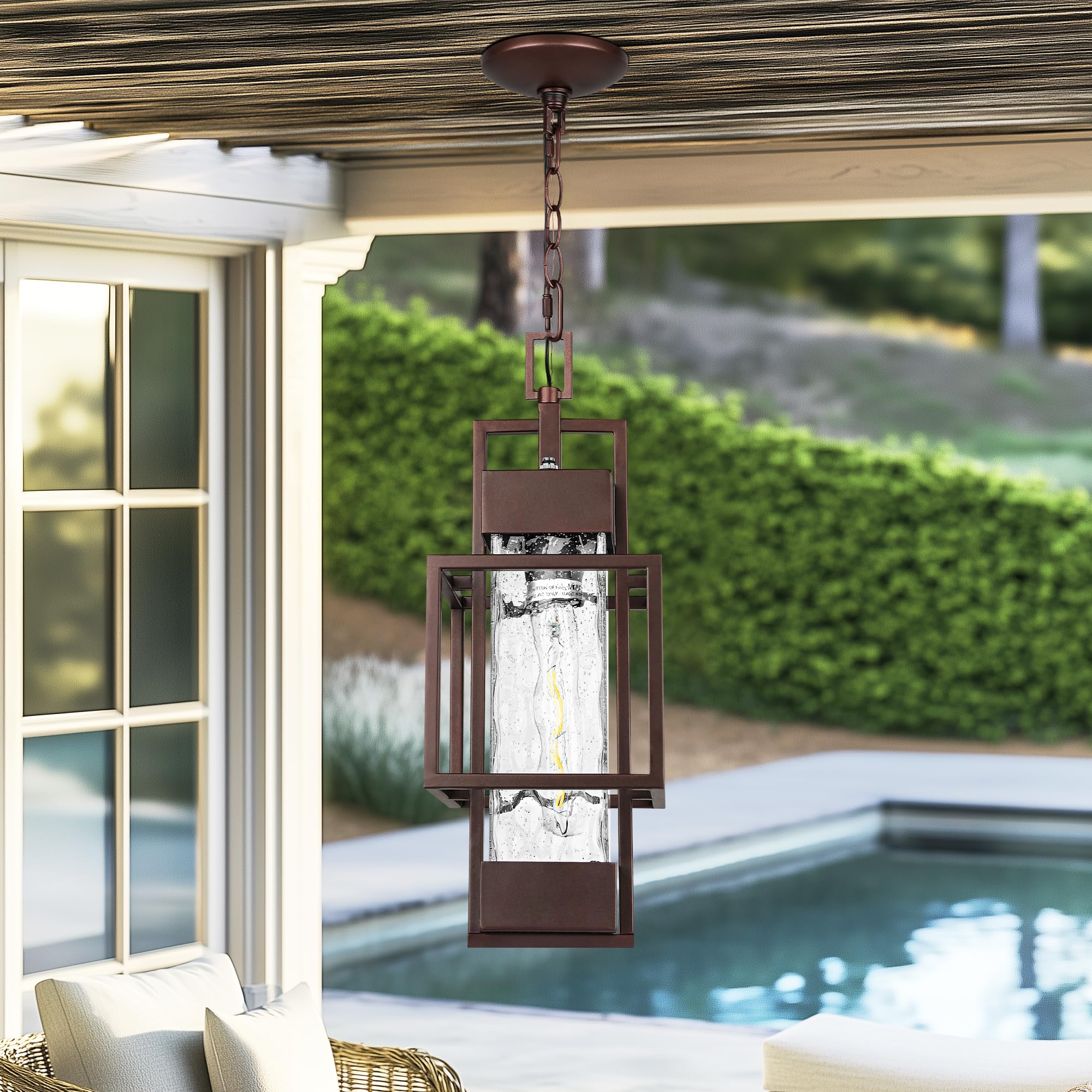 15" Dusk to Dawn Outdoor Pendant Light Exterior Hanging Lantern, Modern Black Metal Outside Chandelier Light Fixture Ceiling Mount with Water Glass for Front Porch Entrance Foyer Entryway