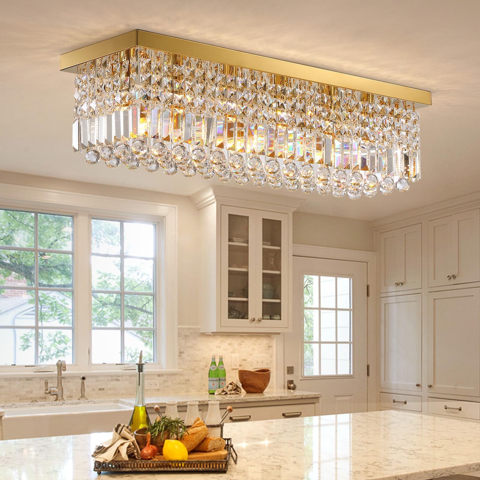 6-Light Modern Crystal Chandelier Rectangular Gold K9 Crystal Raindrop Chandelier for Dining Room, Luxury Adjustable Ceiling Pendant Light for Living Room Kitchen Island L31.5'' x W10'' x H10''