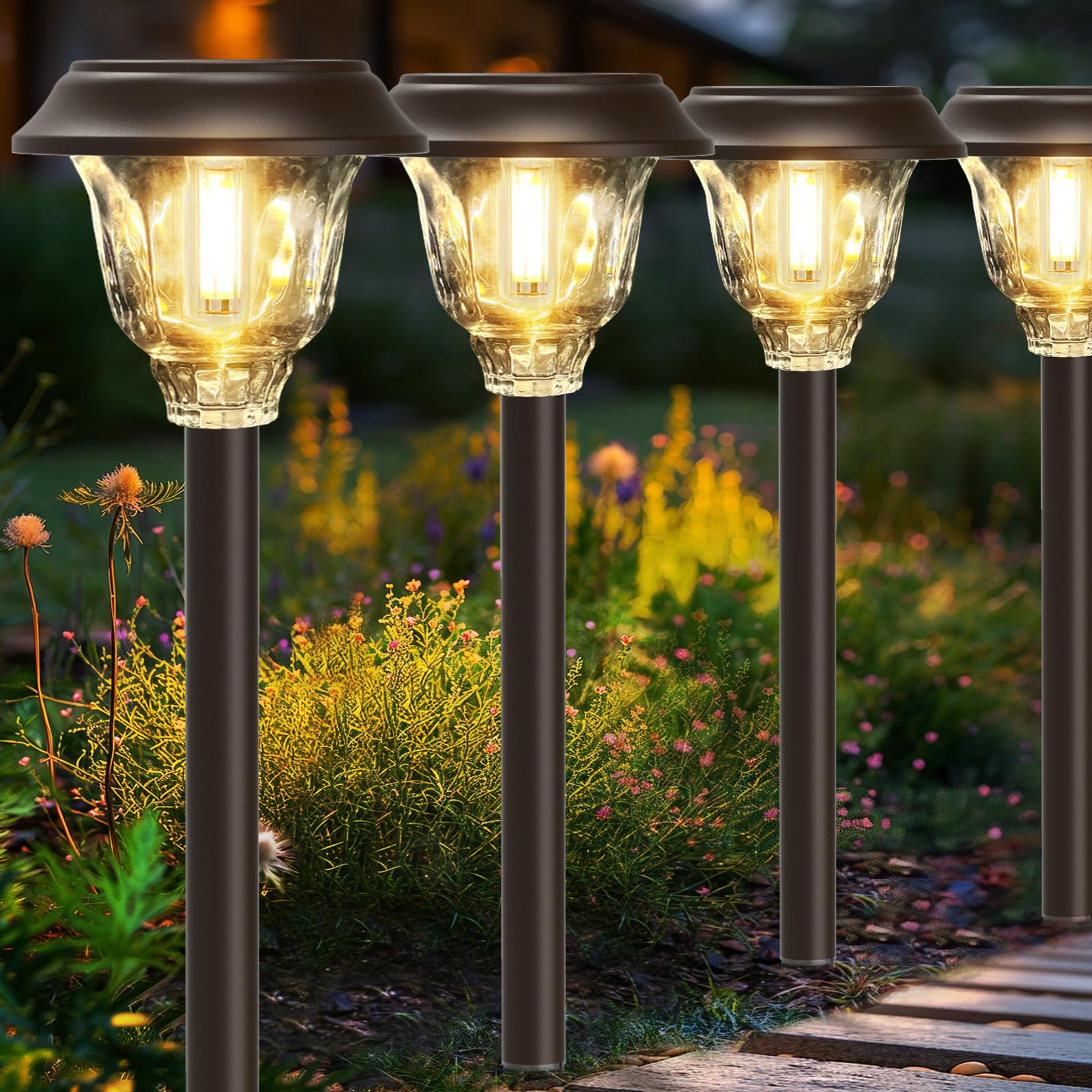 Solar Lights Outdoor Waterproof, Metal Glass Solar Pathway Lights Outdoor 6 Pack, Bright LED Outdoor Solar Lights for Garden Pathway Walkway