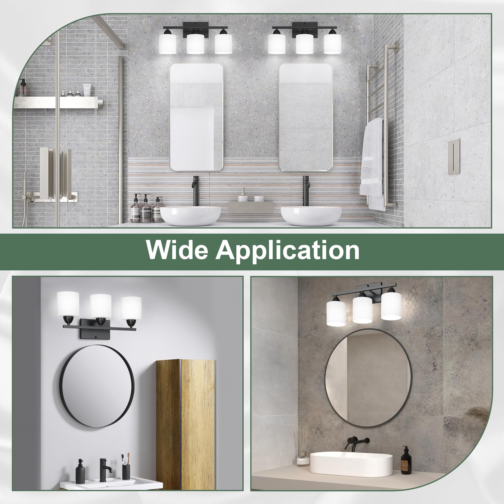 Bathroom Lighting Fixtures Over Mirror Brushed Nickel, Anti-Rust 3-Light Bathroom Vanity Lights, Modern 18Inches Wall Sconces E26 Base, Milky White Glass Shades, Bulbs Not Included