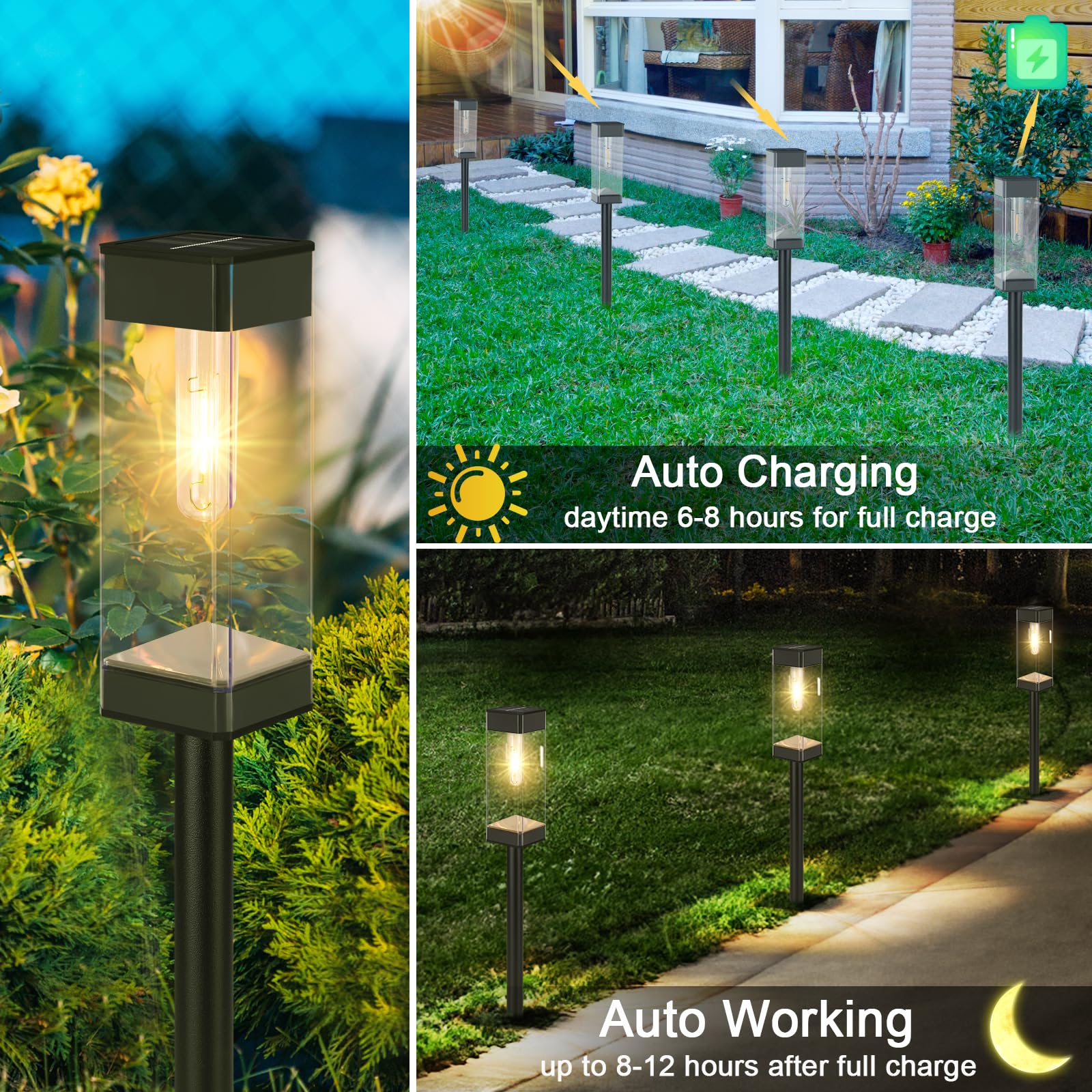 8 Pack Solar Pathway Lights Outdoor, Waterproof Solar Lights Outdoor, LED Outdoor Solar Garden Lights with LED Filament Bulb, Perfect for Yard Lawn Walkway Driveway Backyard Landscape