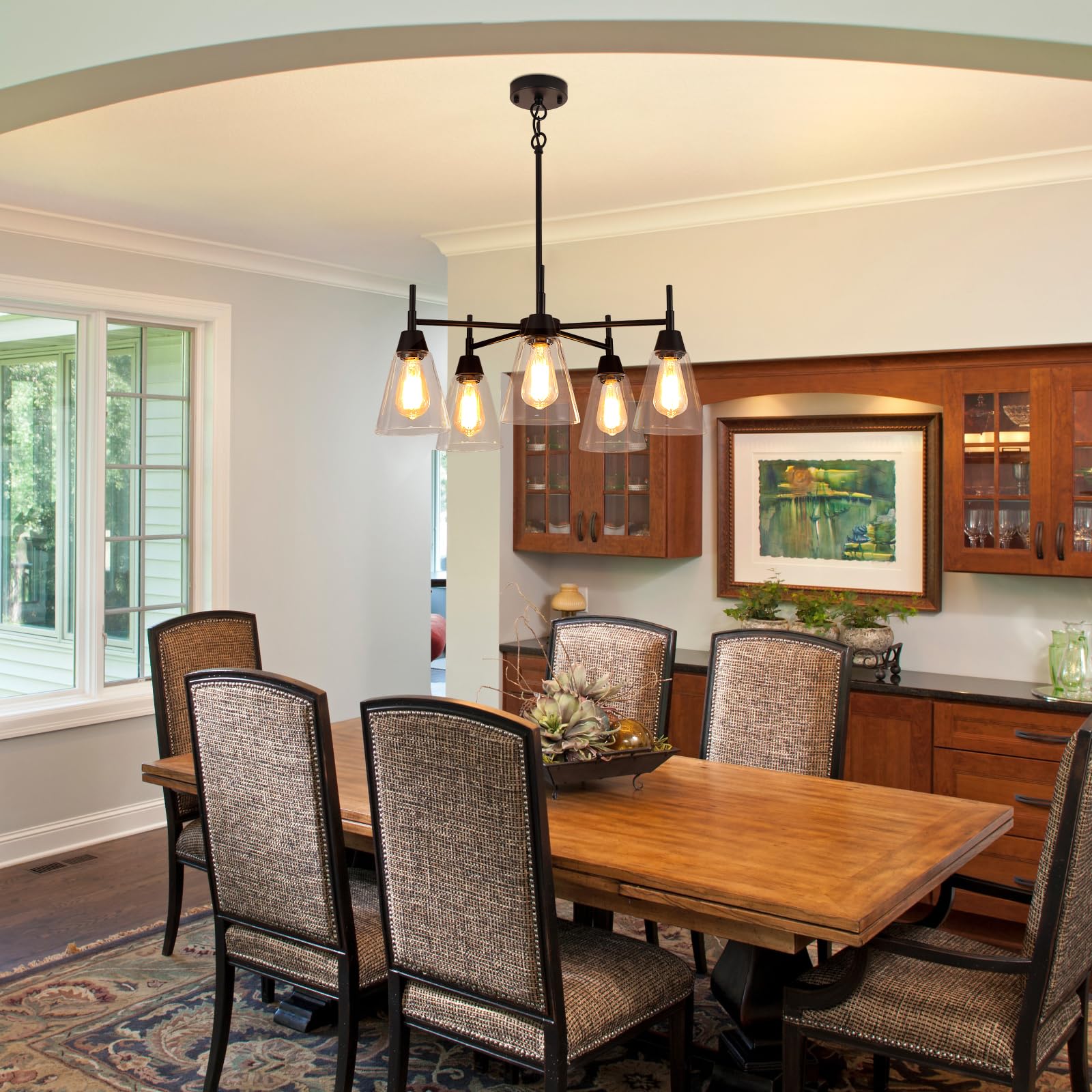 5-Light Gold Chandeliers for Dining Room,Modern Brass Chandelier Kitchen Island Light Fixtures Over Table,Pendant Ceiling Hanging Lighting with Clear Glass Shade for Entryway Foyer Hallway