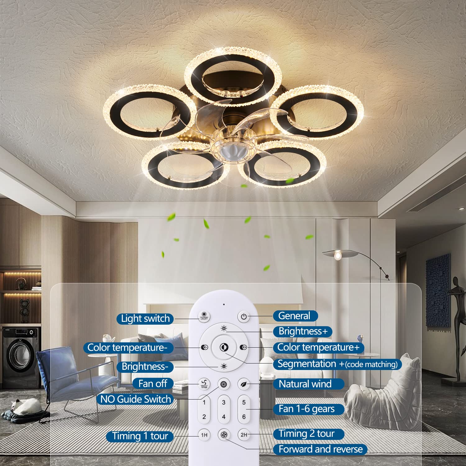 Ceiling Fan with Lights Remote Control, 24" Black, 6 Speeds 3 Light Color Low Profile Flush Mount Ceiling Fan for Kitchen Bedroom