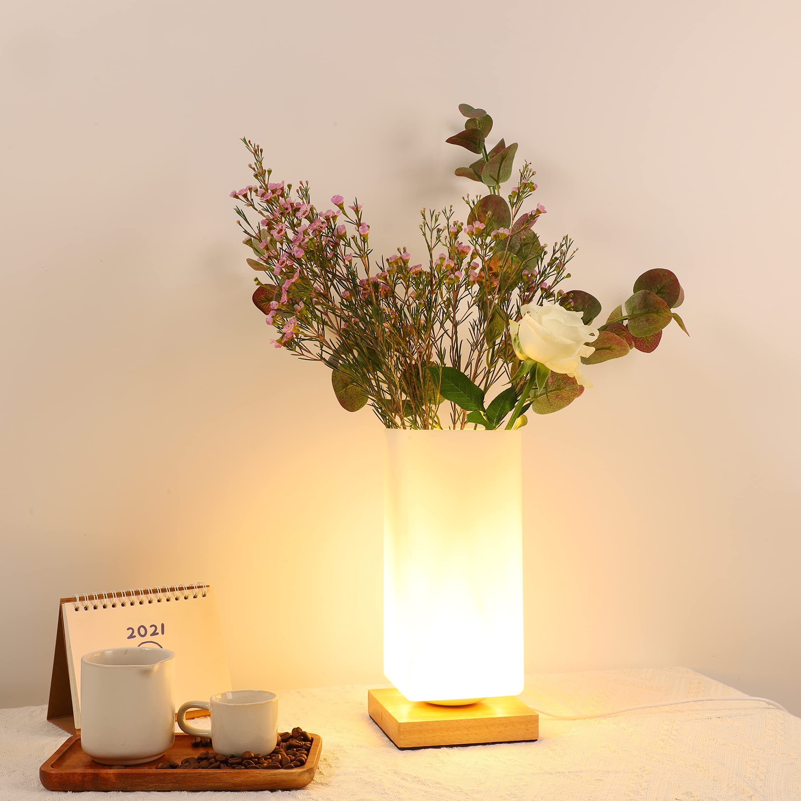 Vase Lamp Table Lamp USB Charge Flower Lamp Vase Table Lamp Dimmable Bedside Lamp Frosted Glass Shade with Wood Base for Bedroom Living Room Office Desk