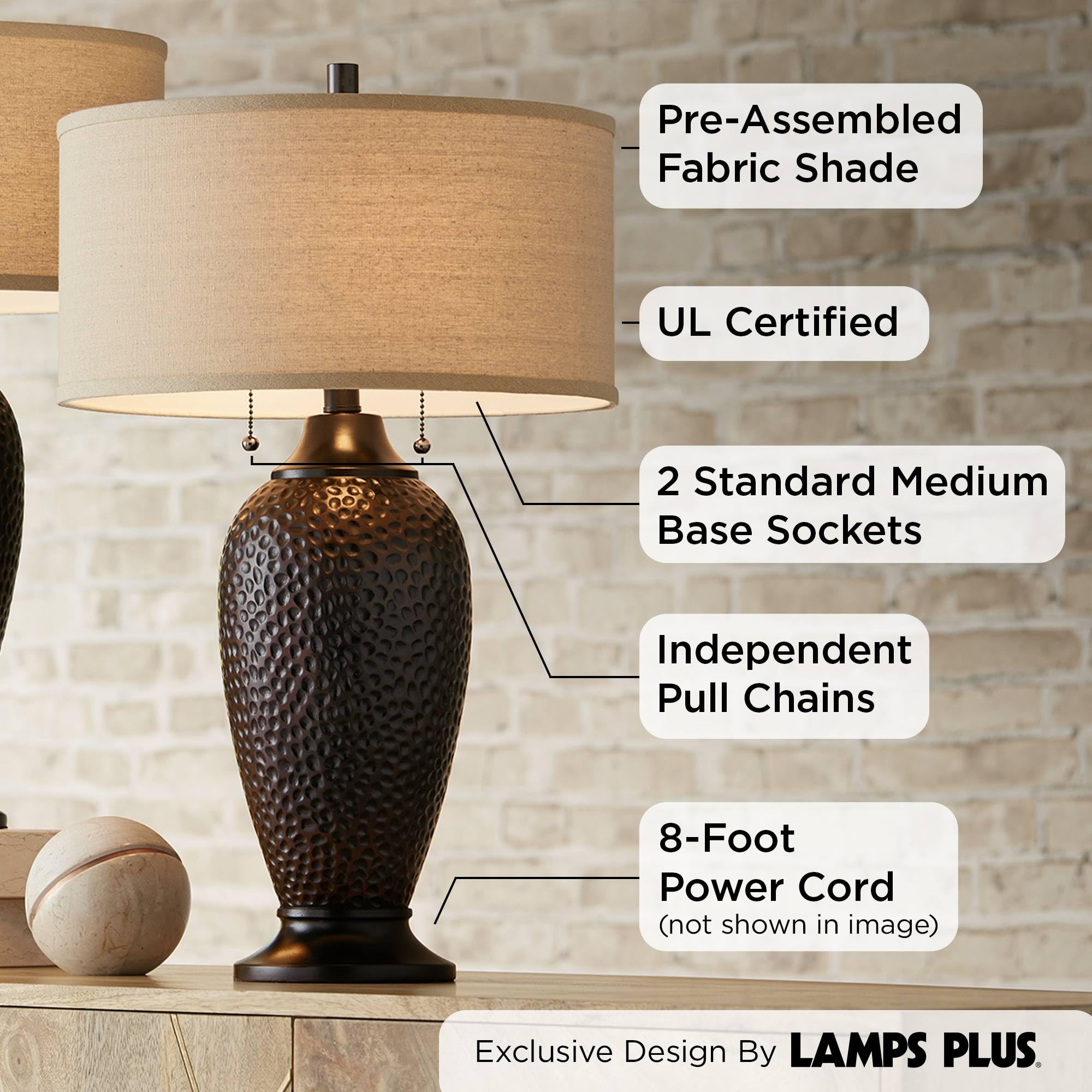 360 Lighting Cody Modern Industrial Rustic Table Lamps 26" High Set of 2 Hammered Oiled Bronze Brown Oatmeal Linen Drum Shade for Living Room Bedroom House Bedside Nightstand Home Office