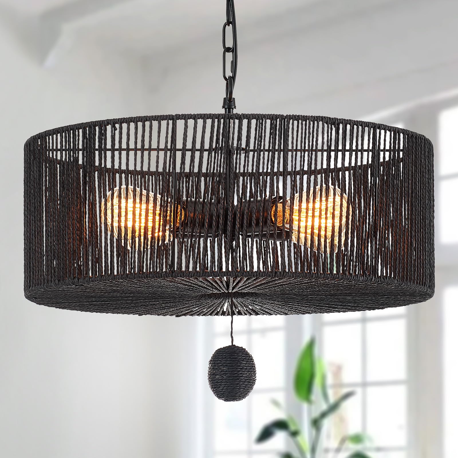 Hand-Woven Rattan Chandelier Vintage Farmhouse Boho Bamboo Chandelier Light Fixture Rustic Retro 5-Lights Drum Wicker Rattan Black Chandelier for Dining Room, Kitchen, Living Room, E12