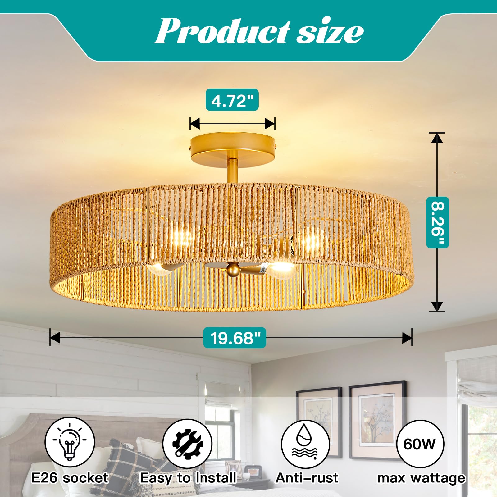 Boho Rattan Ceiling Light Fixture Vintage Gold Semi Flush Mount Ceiling Light 20 Inches Round 4 Light Chandelier for Farmhouse Hallway Bedroon Living Room Dining Room Kitchen Island