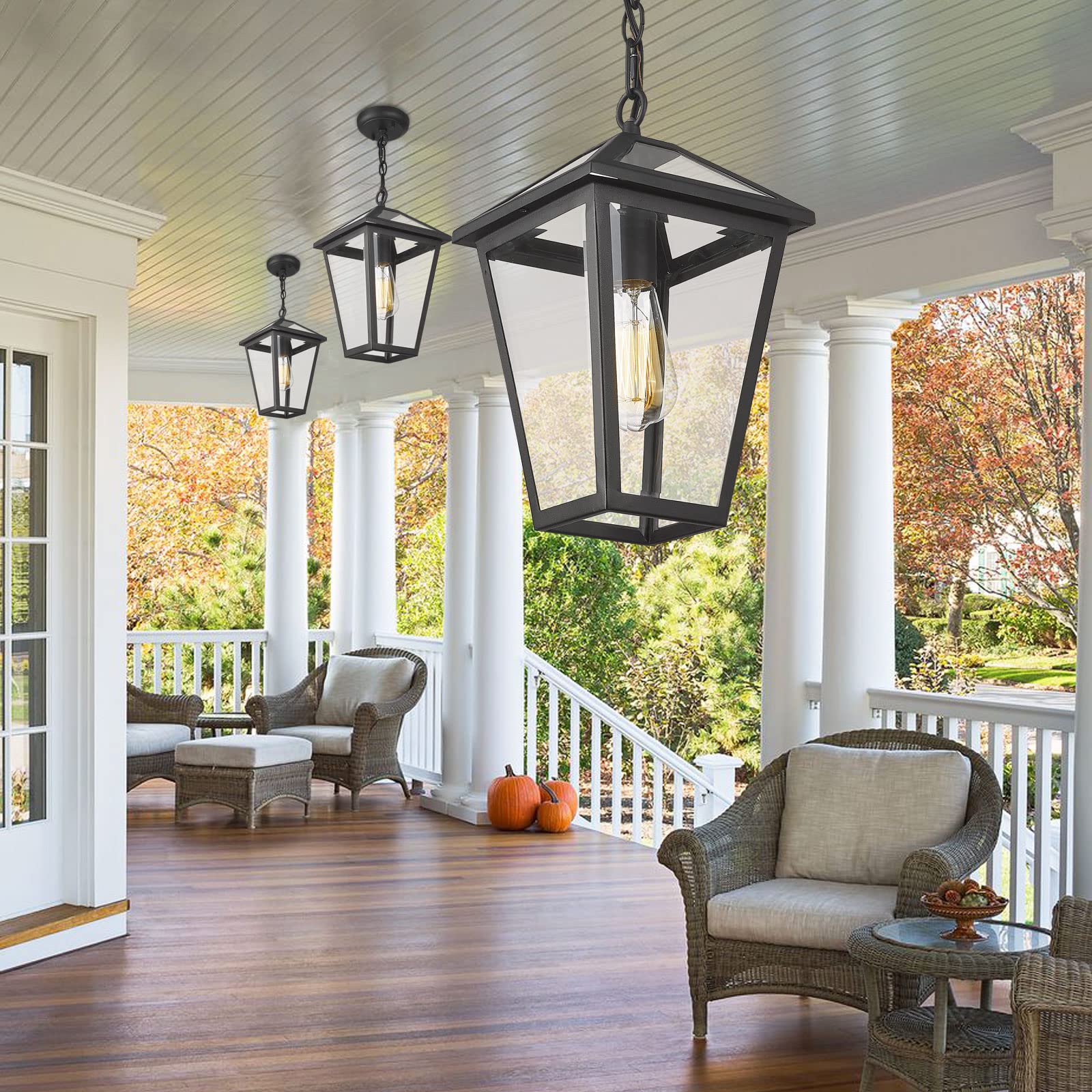 Outdoor Pendant Light for Porch, Exterior Hanging Lantern Outdoor Chandelier in Black Finish for Entryway, Doorway, Farmhouse, Foyer