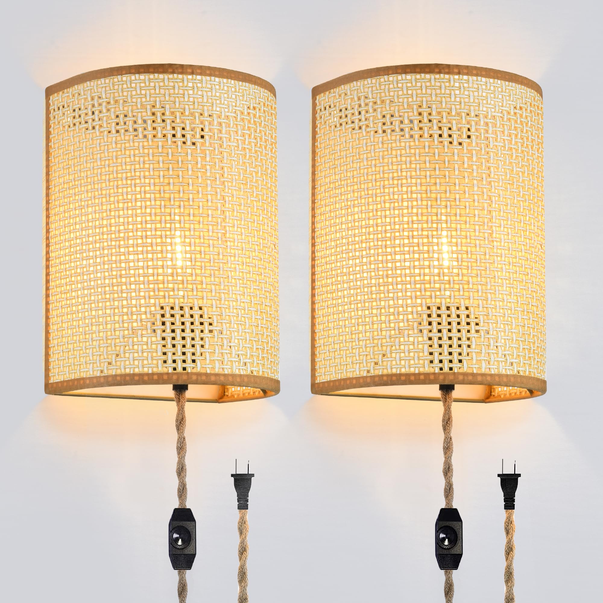 Wall Sconces Set of Two, Plug in Wall Sconces,Rattan Lampshade,Wall Lamp with Plug in Cord and Dimmable Switch,Wall Lights Fixtures for Bedroom Living Room Hallway.