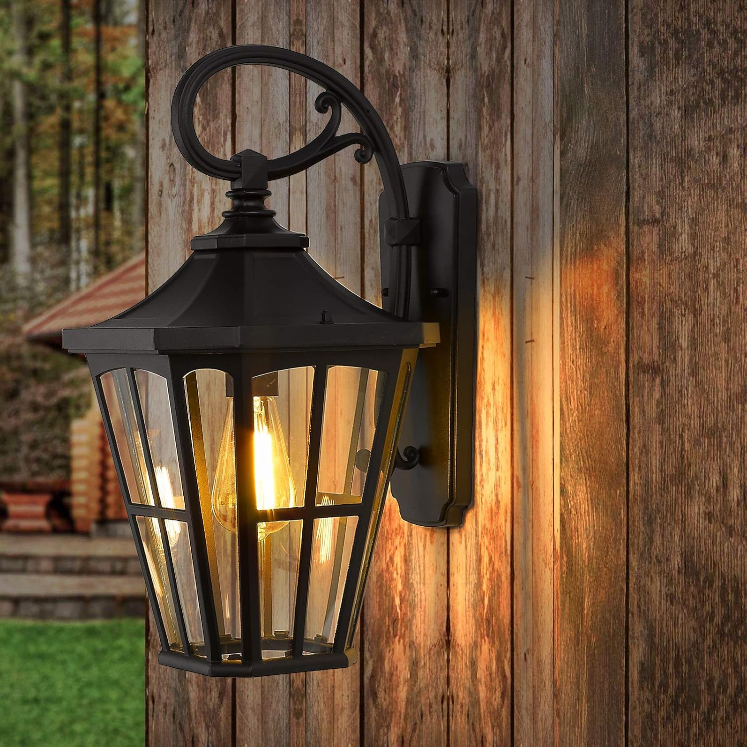 Farmhouse Outdoor Hanging Light for Porch - 16 Inch Large Exterior Pendant Light, Clear Glass Shade in Black Finish, XE221H BK