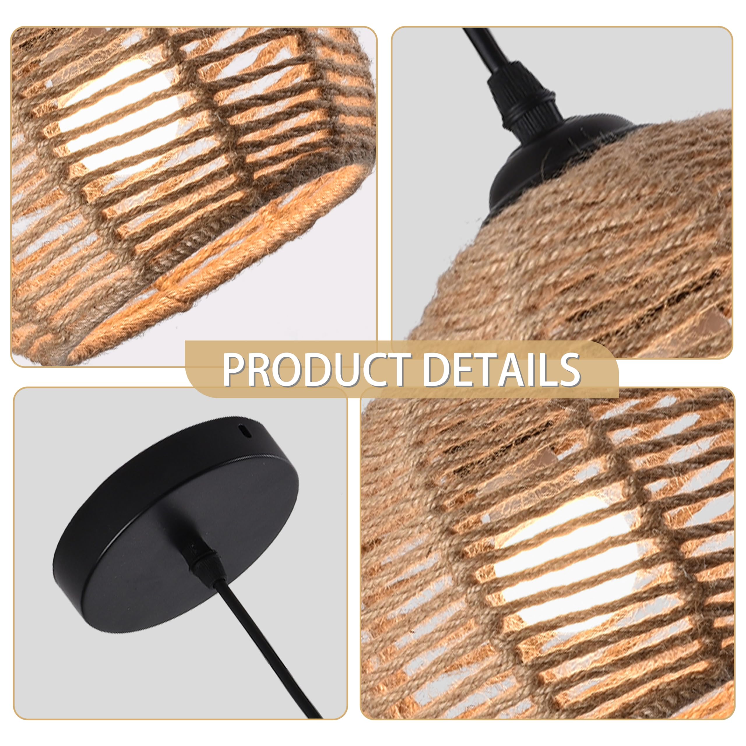 Mini Hemp Rope Woven Pendant Light Woven Light Fixture Boho Chandelier Light Fixture Wicker Pendant Light Rattan Light Pendant Dome Wicker Chandelier for Bedroom Kitchen Island(Bulb Incl.)